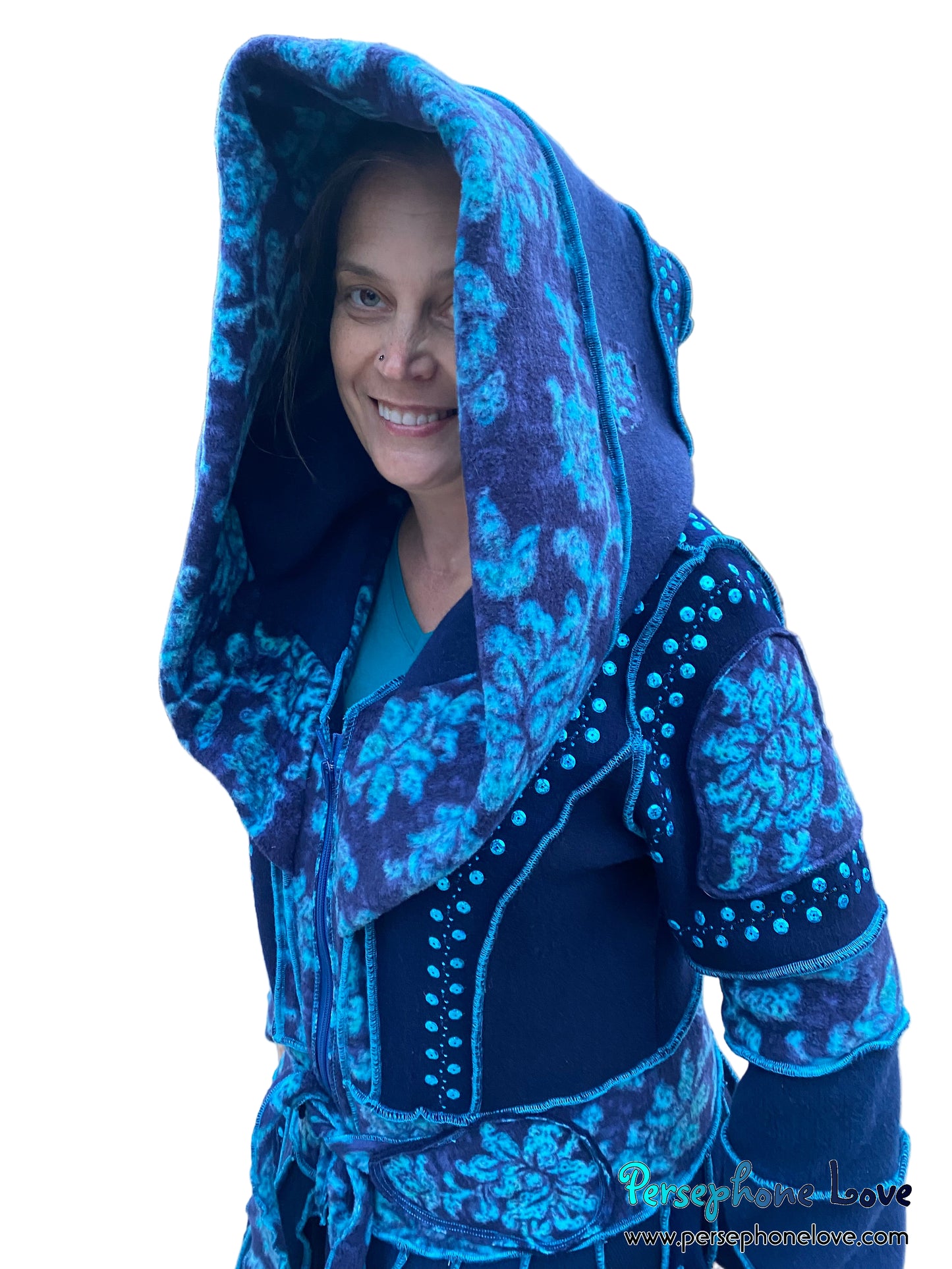 "IDORU" Blue teal pixie felted cashmere/fleece Katwise-inspired sequin sweatercoat-2592