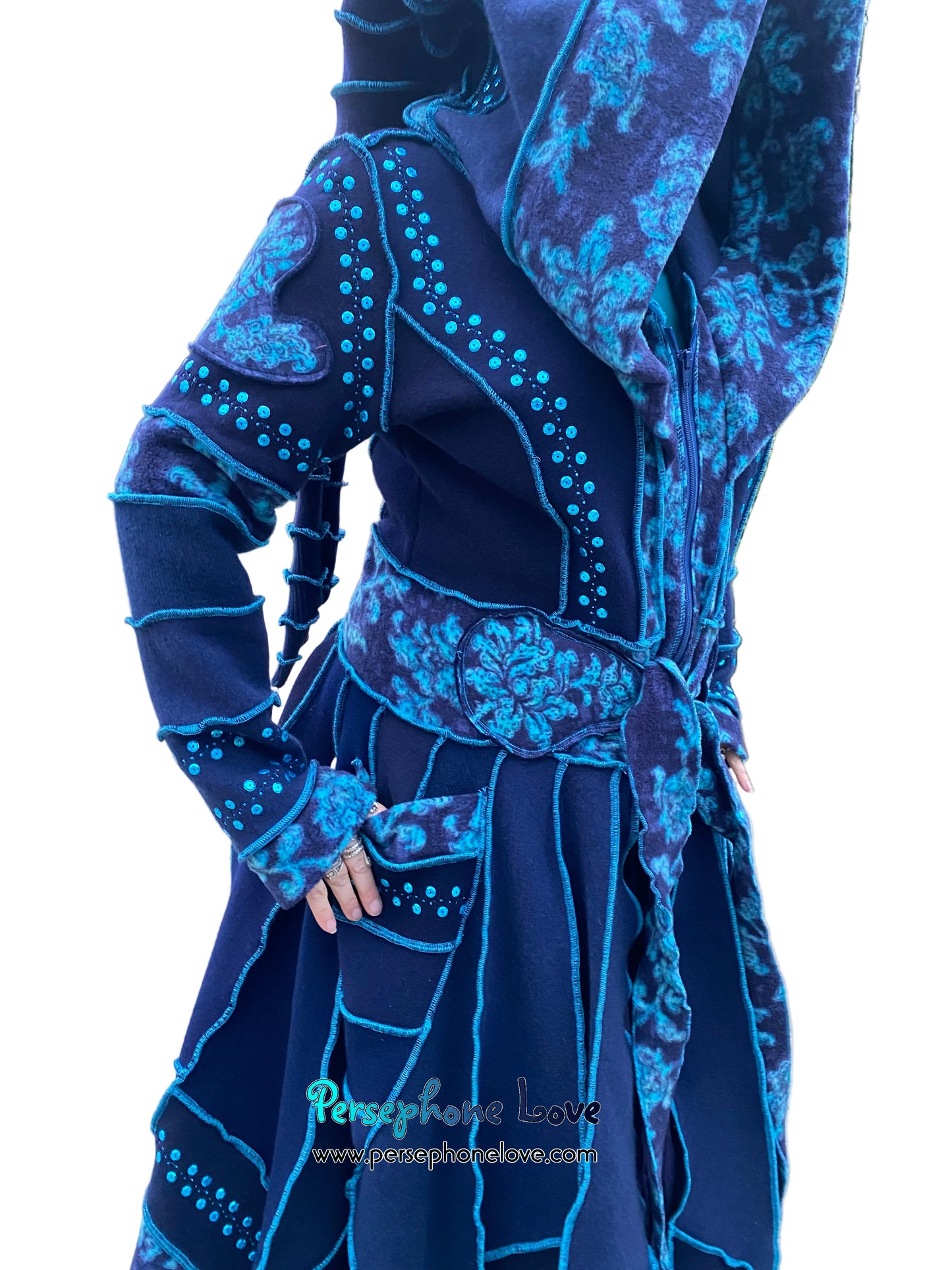 "IDORU" Blue teal pixie felted cashmere/fleece Katwise-inspired sequin sweatercoat-2592