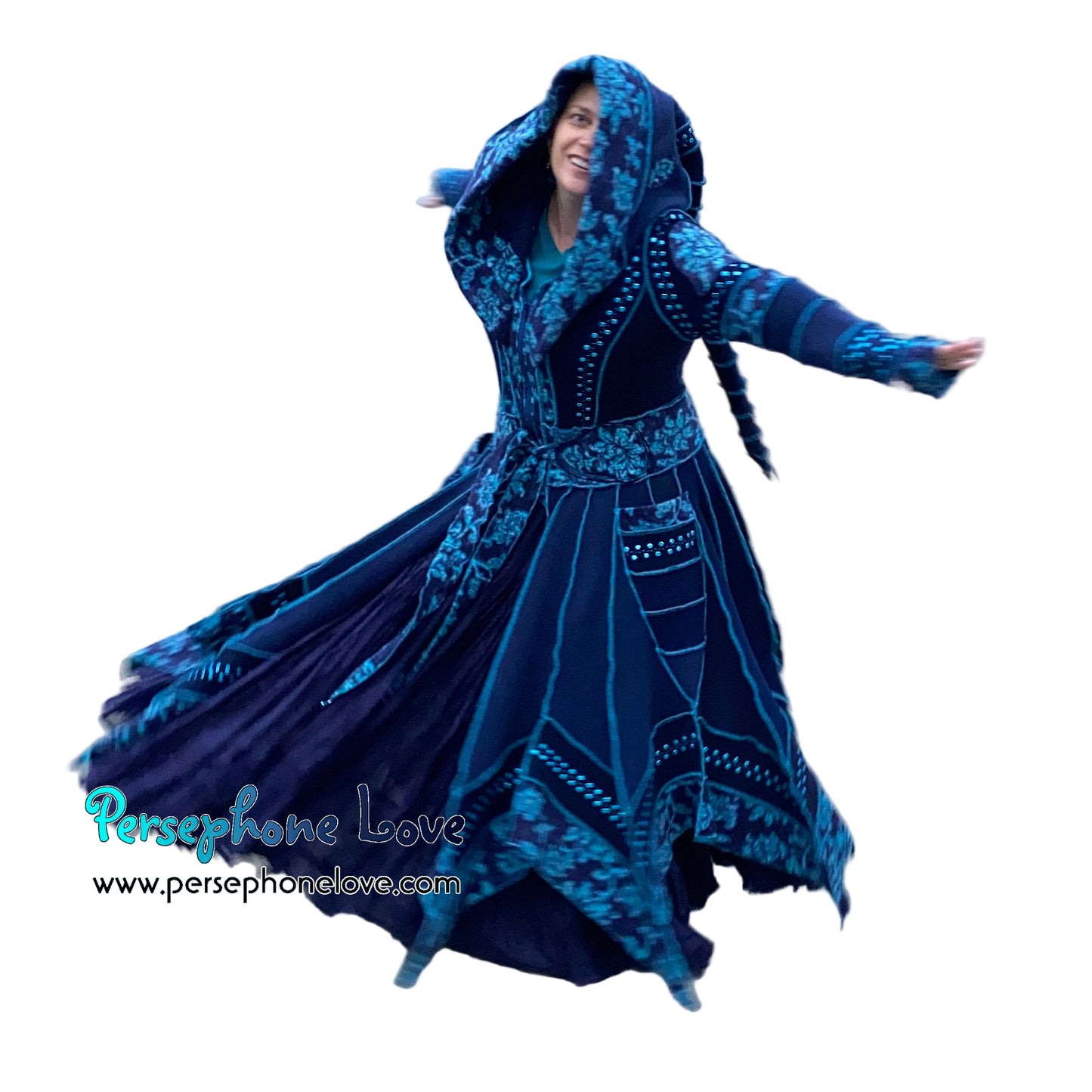 "IDORU" Blue teal pixie felted cashmere/fleece Katwise-inspired sequin sweatercoat-2592