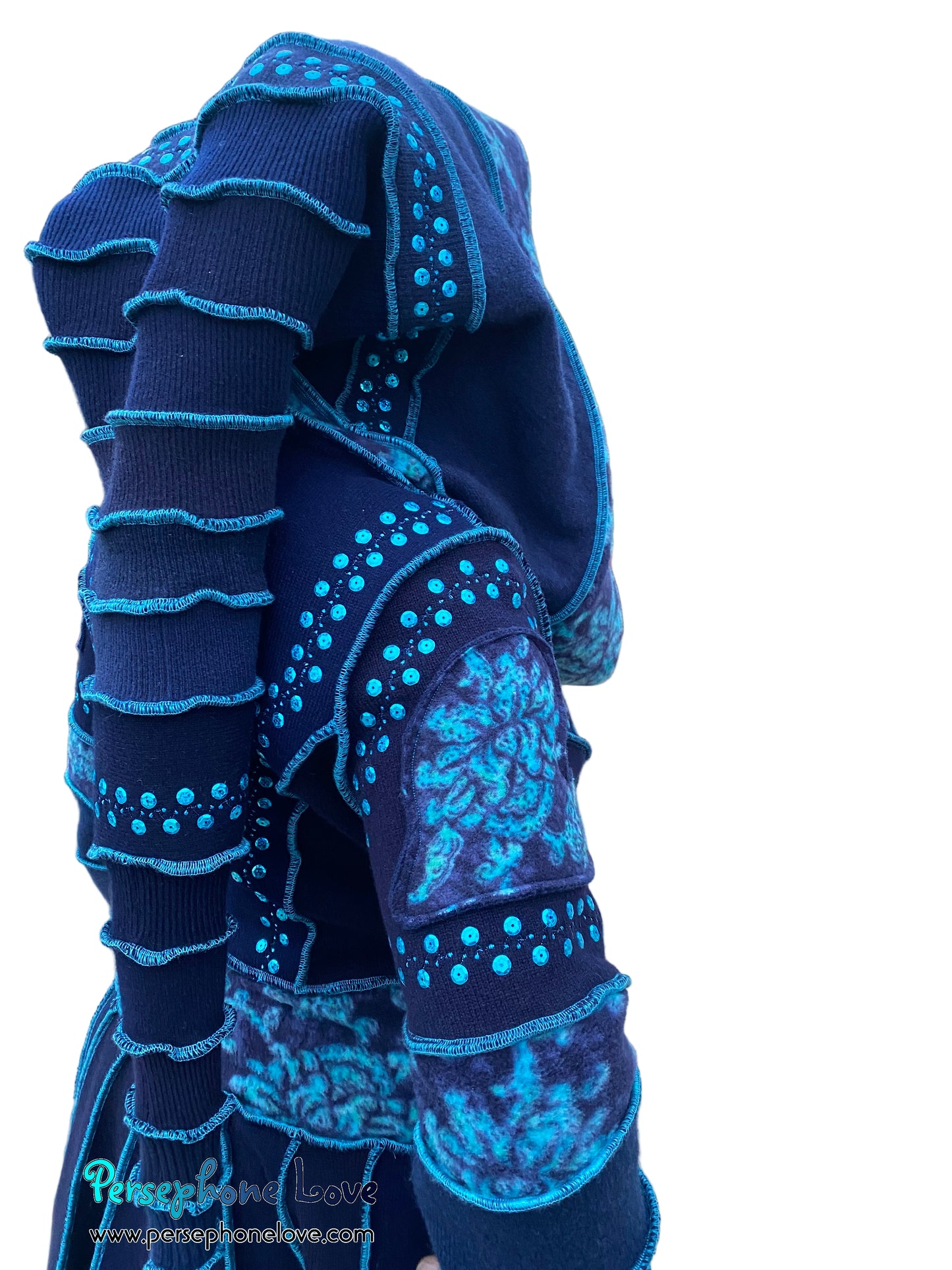 "IDORU" Blue teal pixie felted cashmere/fleece Katwise-inspired sequin sweatercoat-2592