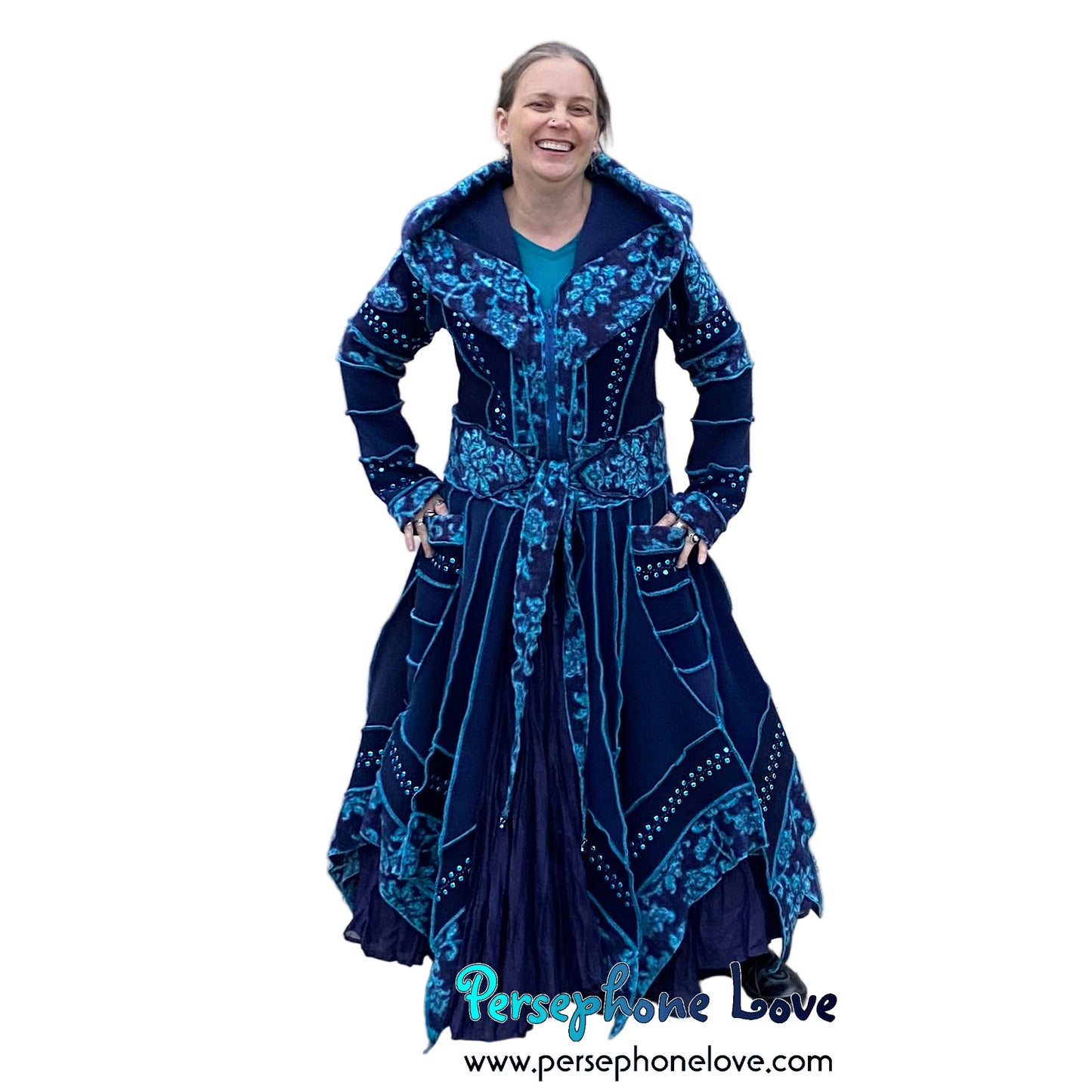 "IDORU" Blue teal pixie felted cashmere/fleece Katwise-inspired sequin sweatercoat-2592