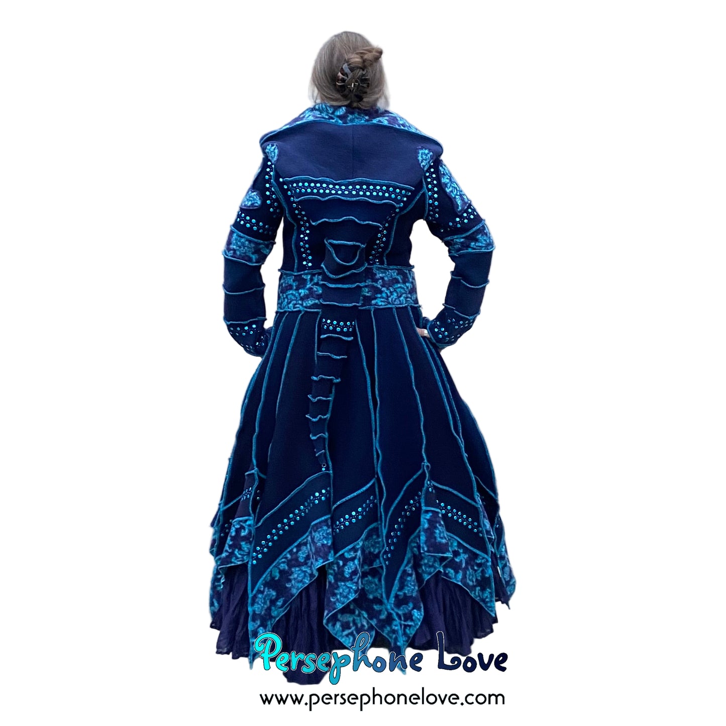 "IDORU" Blue teal pixie felted cashmere/fleece Katwise-inspired sequin sweatercoat-2592