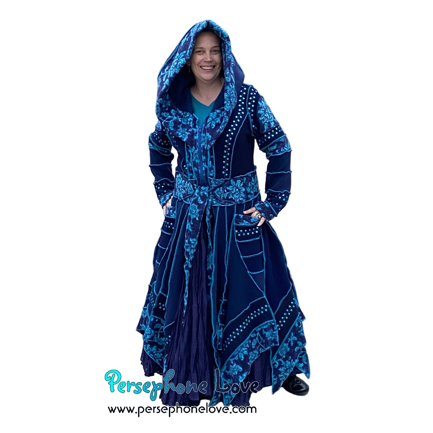 "IDORU" Blue teal pixie felted cashmere/fleece Katwise-inspired sequin sweatercoat-2592