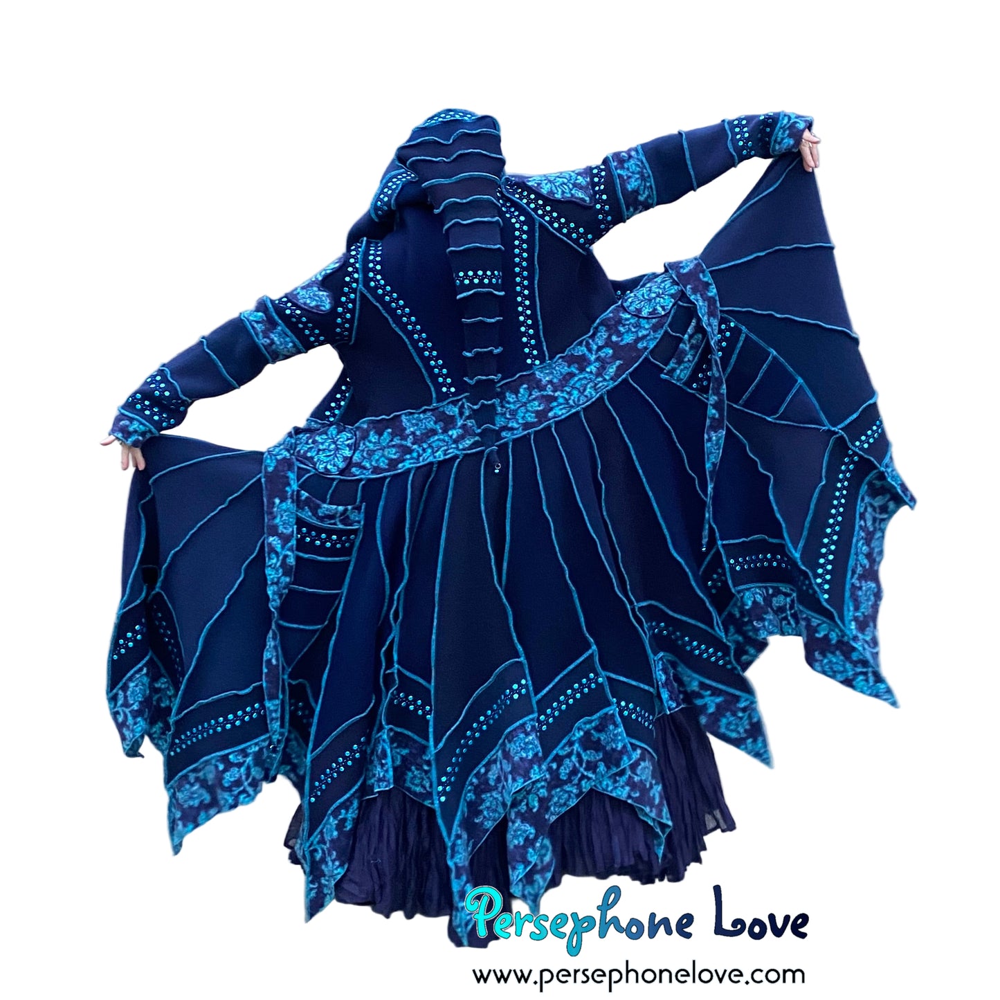 "IDORU" Blue teal pixie felted cashmere/fleece Katwise-inspired sequin sweatercoat-2592
