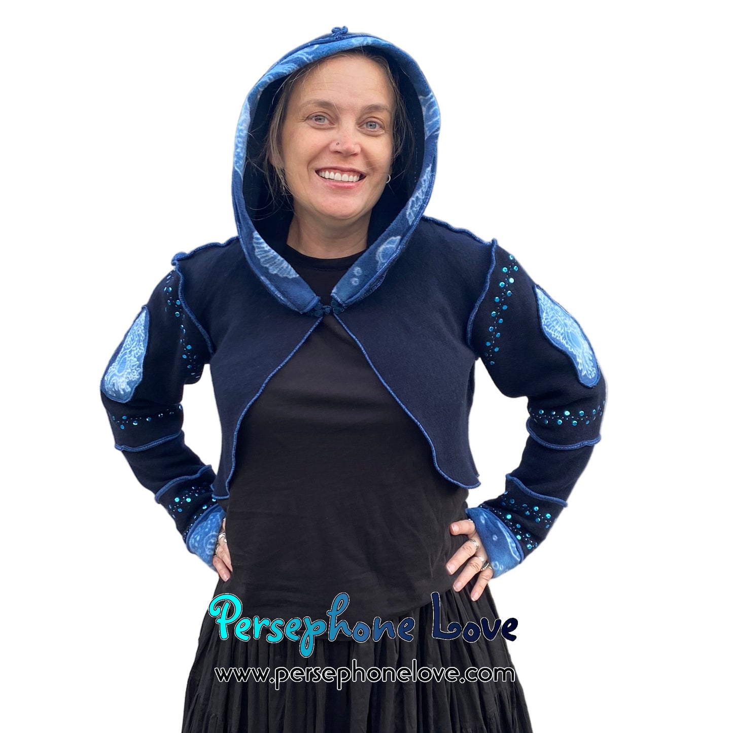 "Atlantis" Blue pixie felted cashmere/fleece sequin hooded bolero-2593