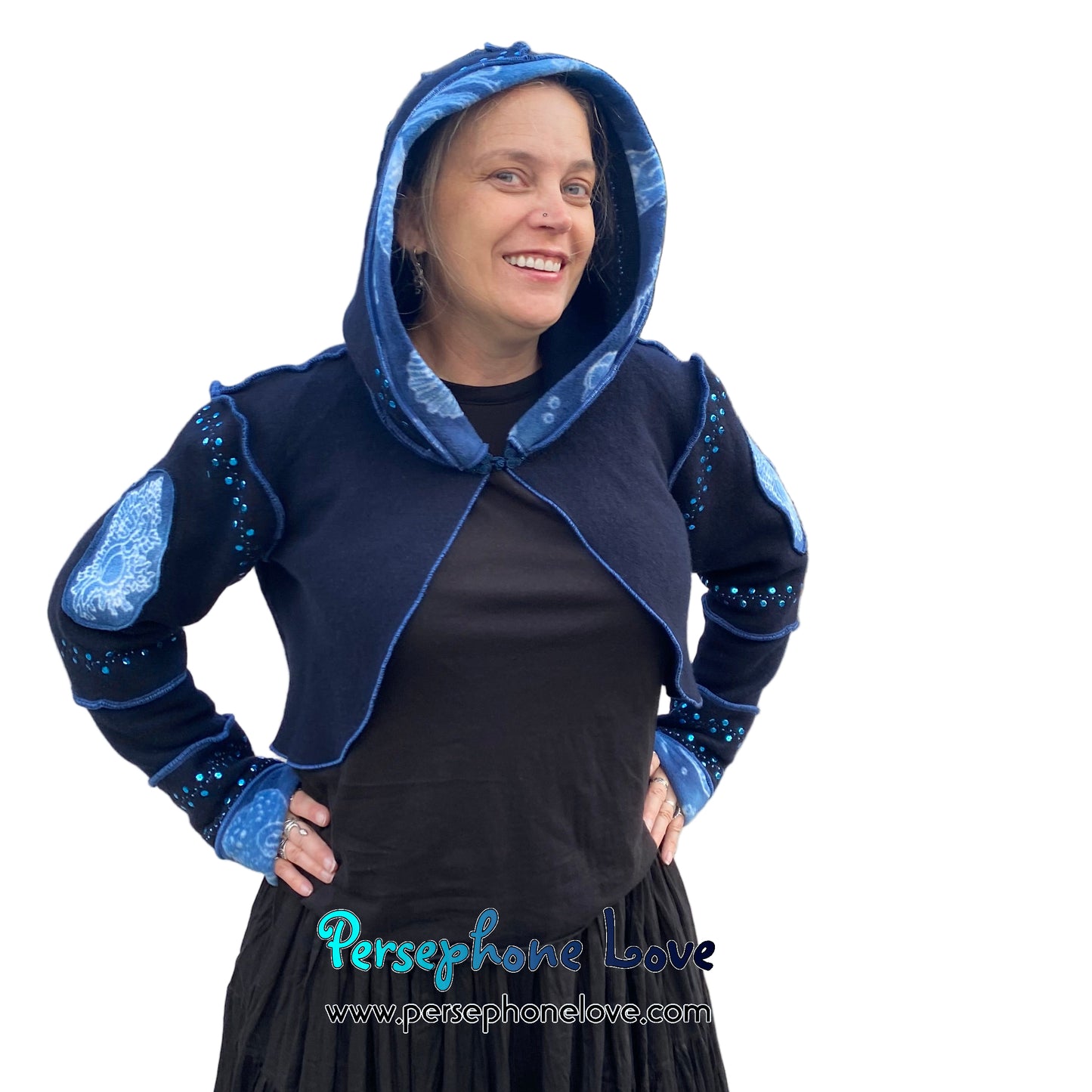 "Atlantis" Blue pixie felted cashmere/fleece sequin hooded bolero-2593