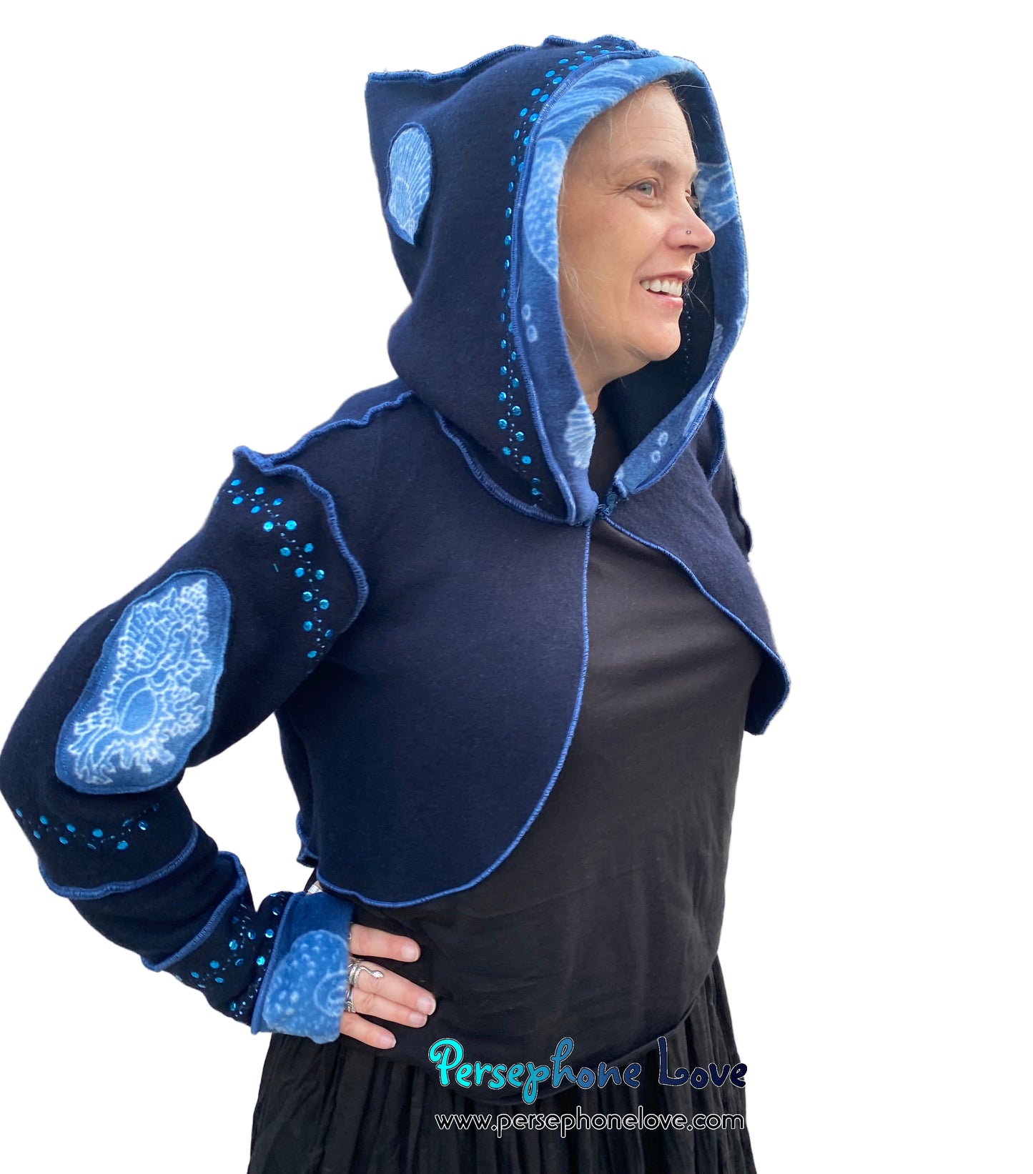 "Atlantis" Blue pixie felted cashmere/fleece sequin hooded bolero-2593