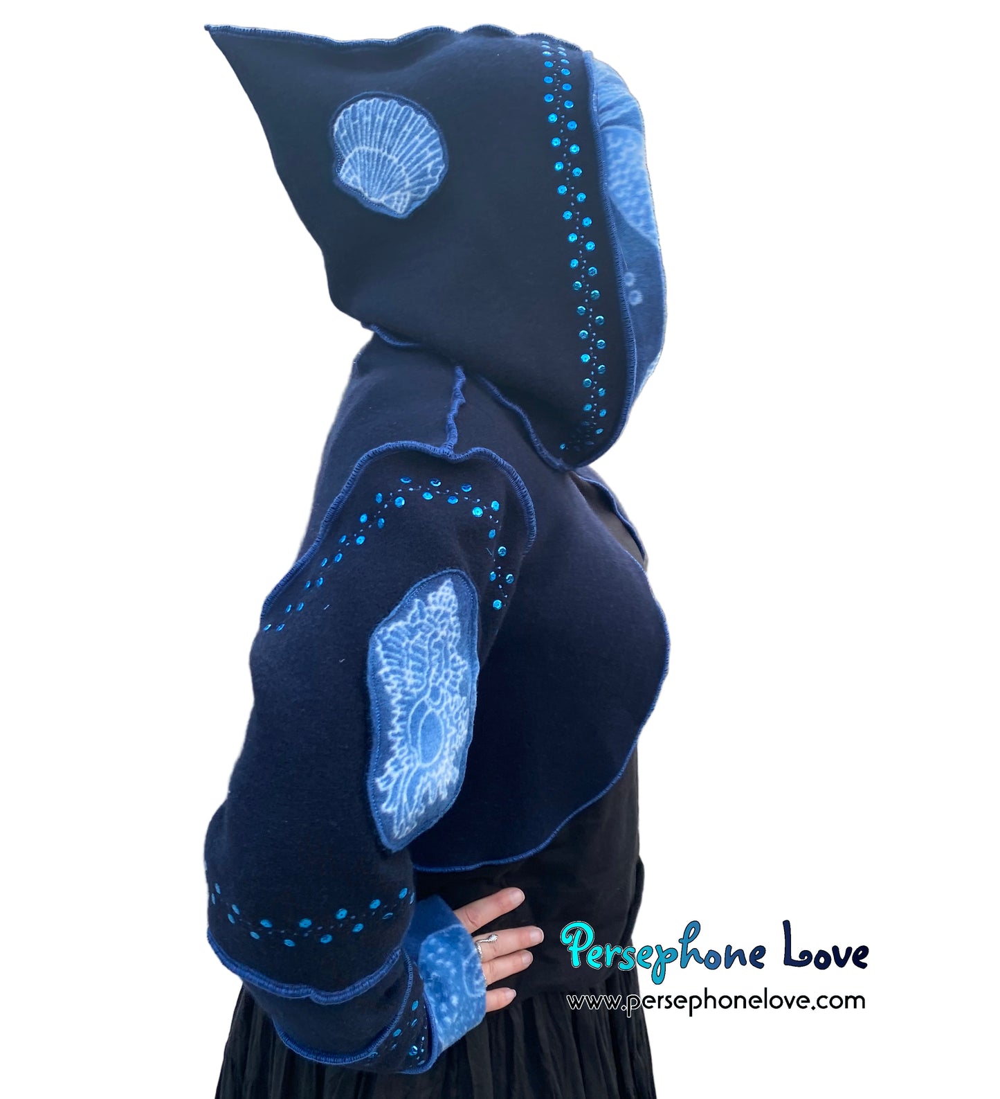 "Atlantis" Blue pixie felted cashmere/fleece sequin hooded bolero-2593