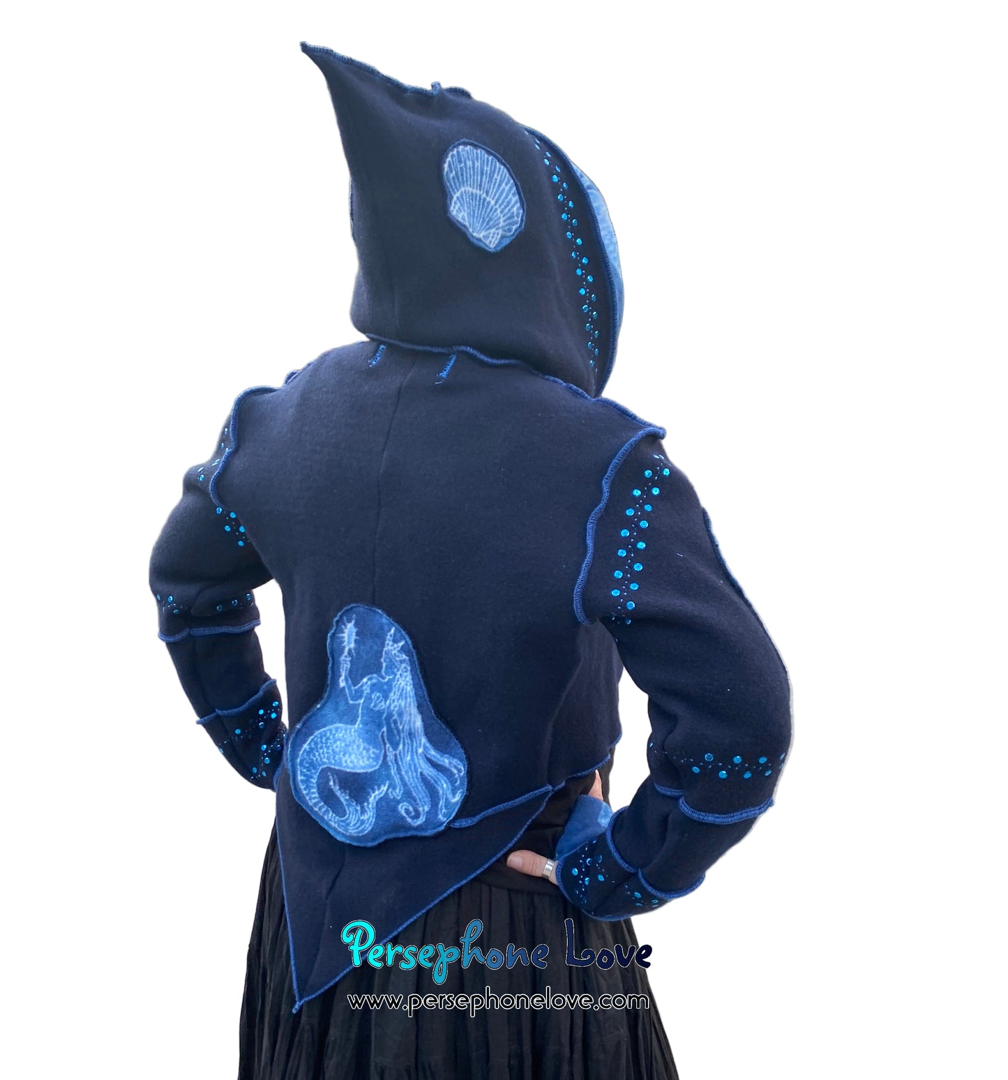 "Atlantis" Blue pixie felted cashmere/fleece sequin hooded bolero-2593