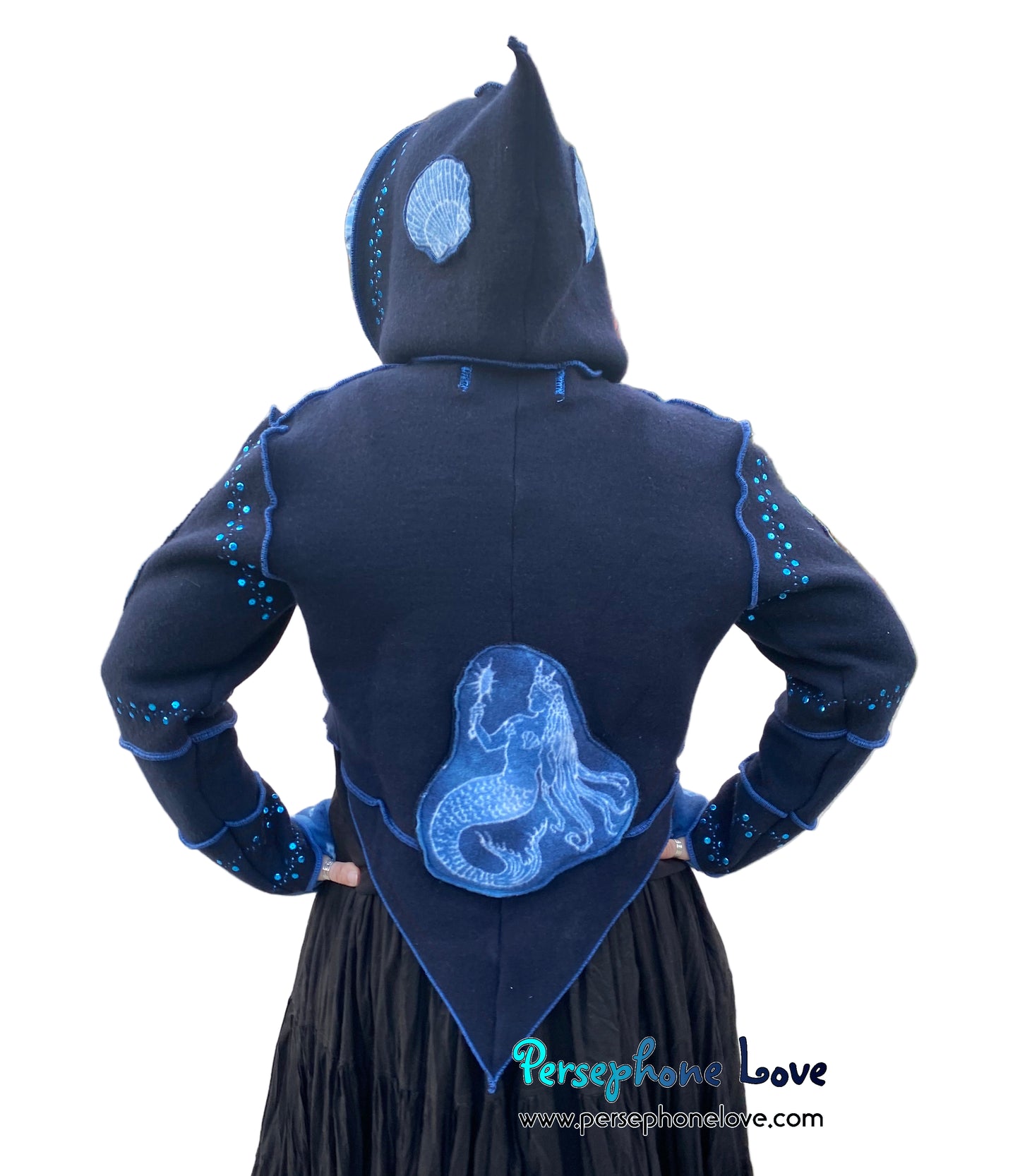 "Atlantis" Blue pixie felted cashmere/fleece sequin hooded bolero-2593
