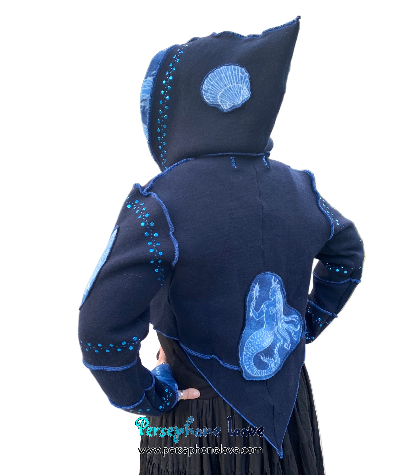 "Atlantis" Blue pixie felted cashmere/fleece sequin hooded bolero-2593