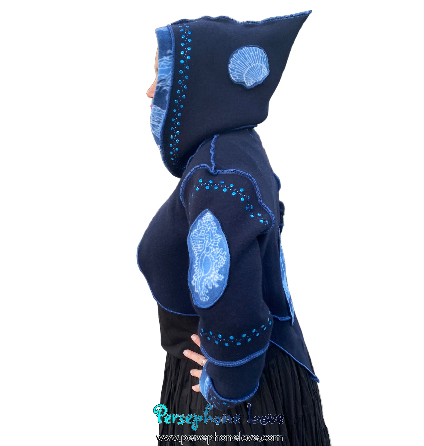 "Atlantis" Blue pixie felted cashmere/fleece sequin hooded bolero-2593
