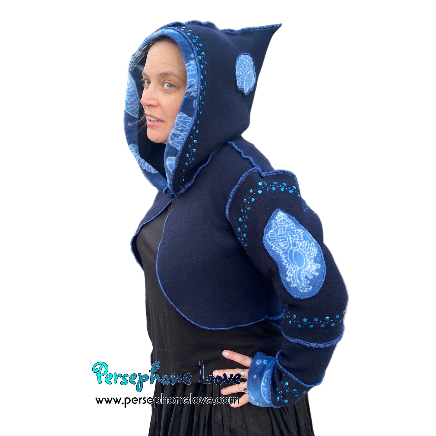 "Atlantis" Blue pixie felted cashmere/fleece sequin hooded bolero-2593