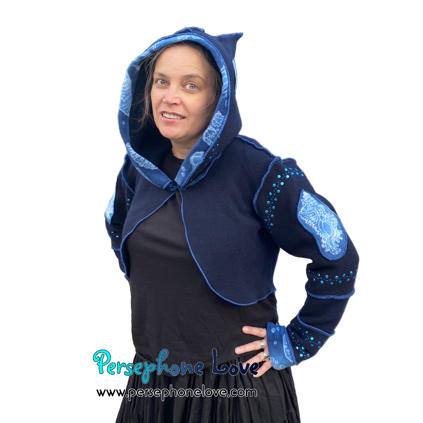 "Atlantis" Blue pixie felted cashmere/fleece sequin hooded bolero-2593