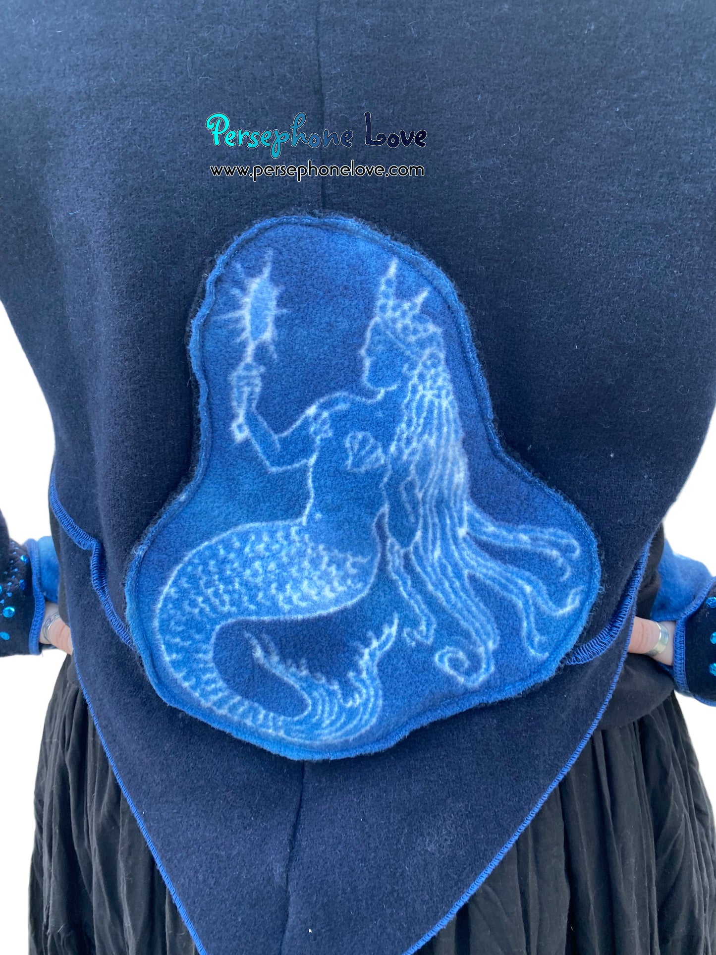 "Atlantis" Blue pixie felted cashmere/fleece sequin hooded bolero-2593