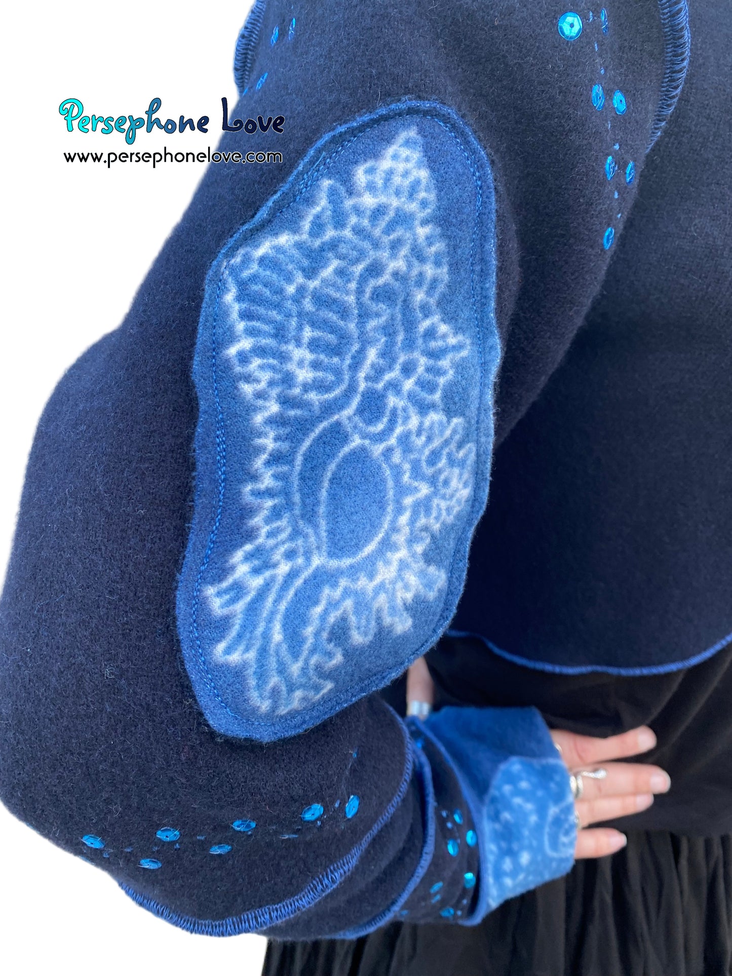 "Atlantis" Blue pixie felted cashmere/fleece sequin hooded bolero-2593