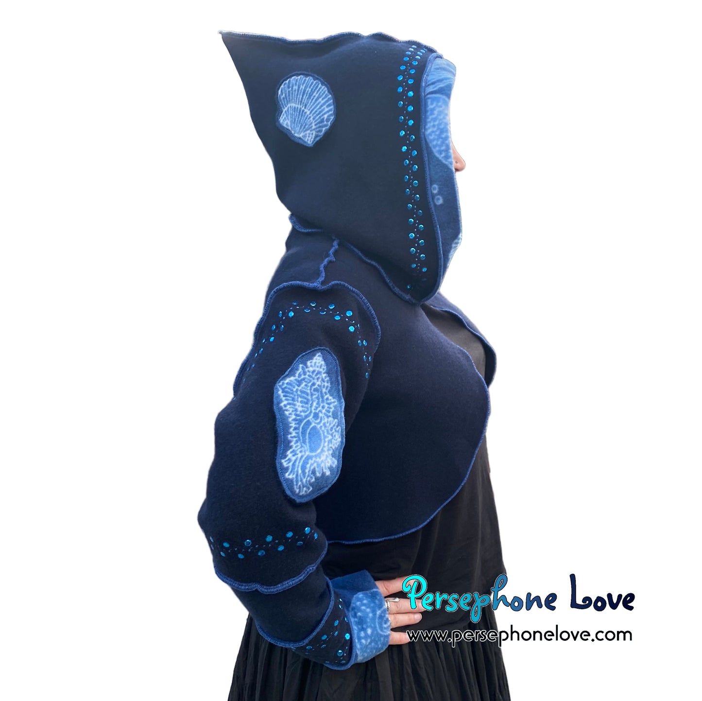 "Atlantis" Blue pixie felted cashmere/fleece sequin hooded bolero-2593
