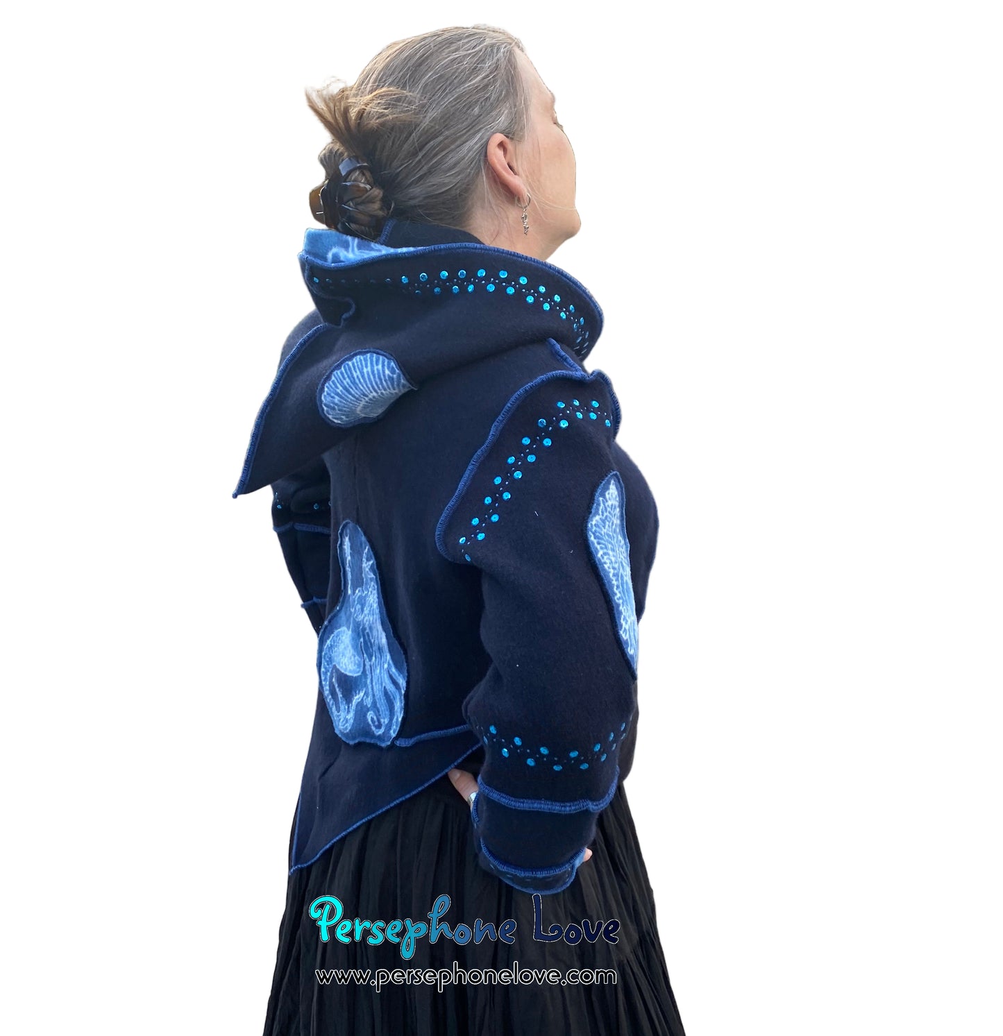 "Atlantis" Blue pixie felted cashmere/fleece sequin hooded bolero-2593