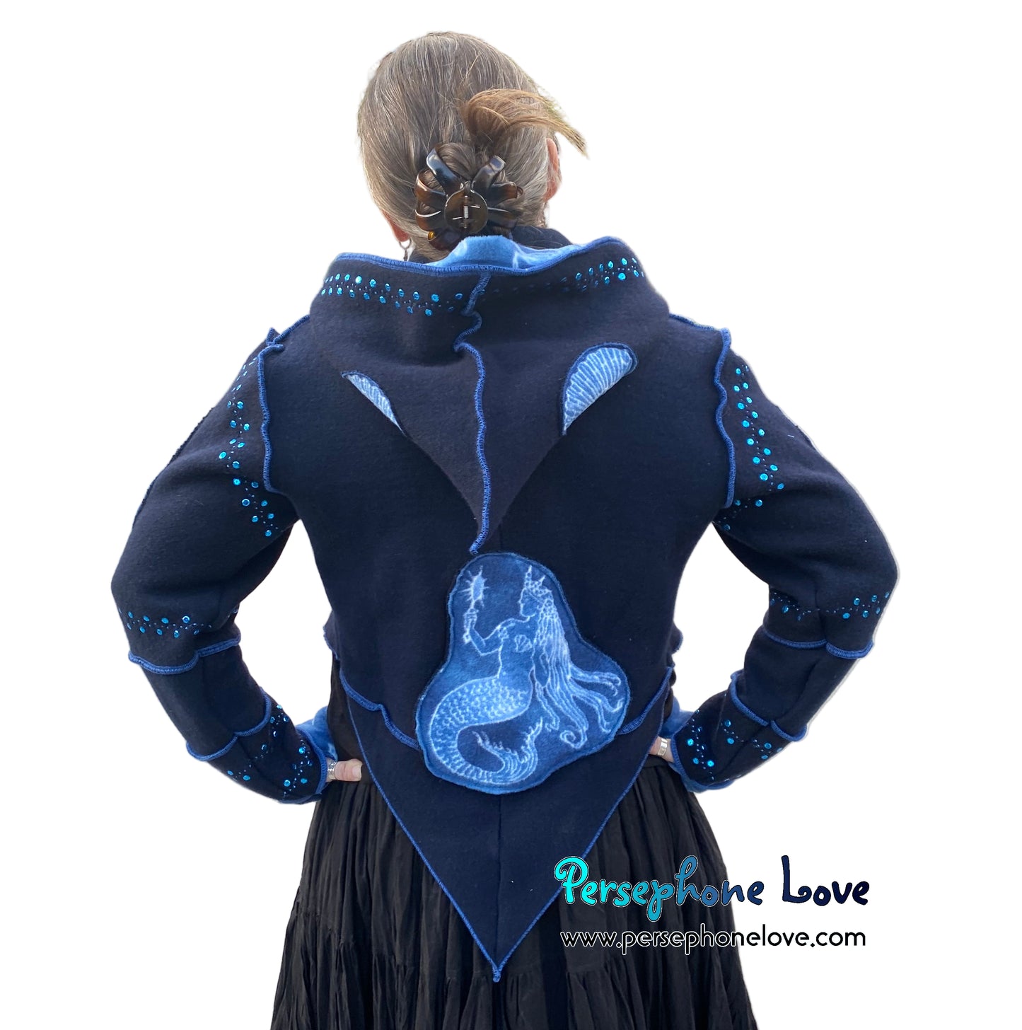 "Atlantis" Blue pixie felted cashmere/fleece sequin hooded bolero-2593