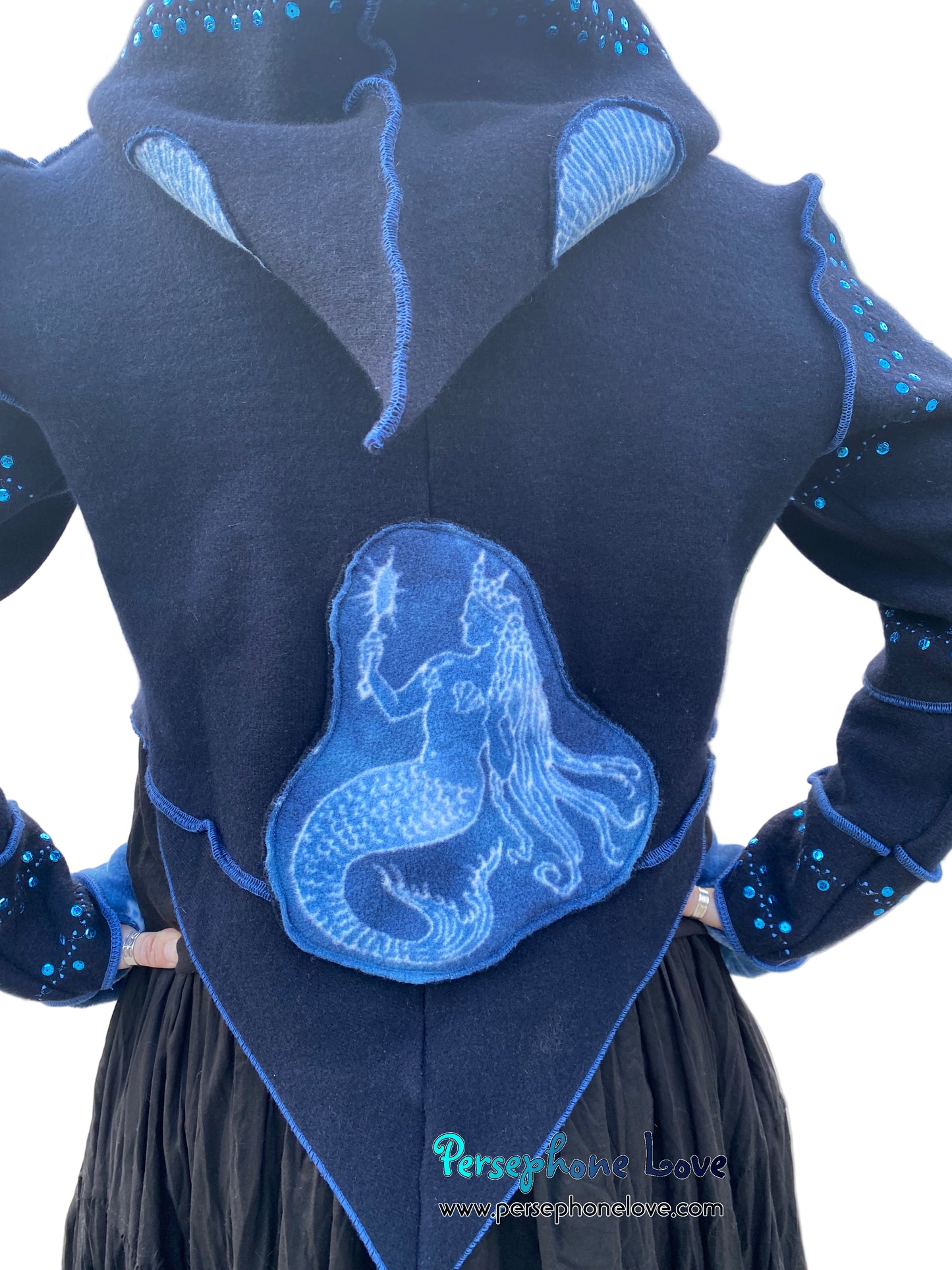 "Atlantis" Blue pixie felted cashmere/fleece sequin hooded bolero-2593