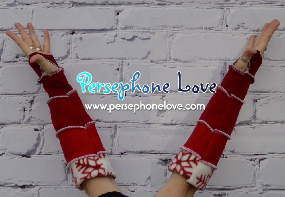 Katwise inspired needle-felted Red White Snowflake merino wool upcycled sweater arm warmers-1330