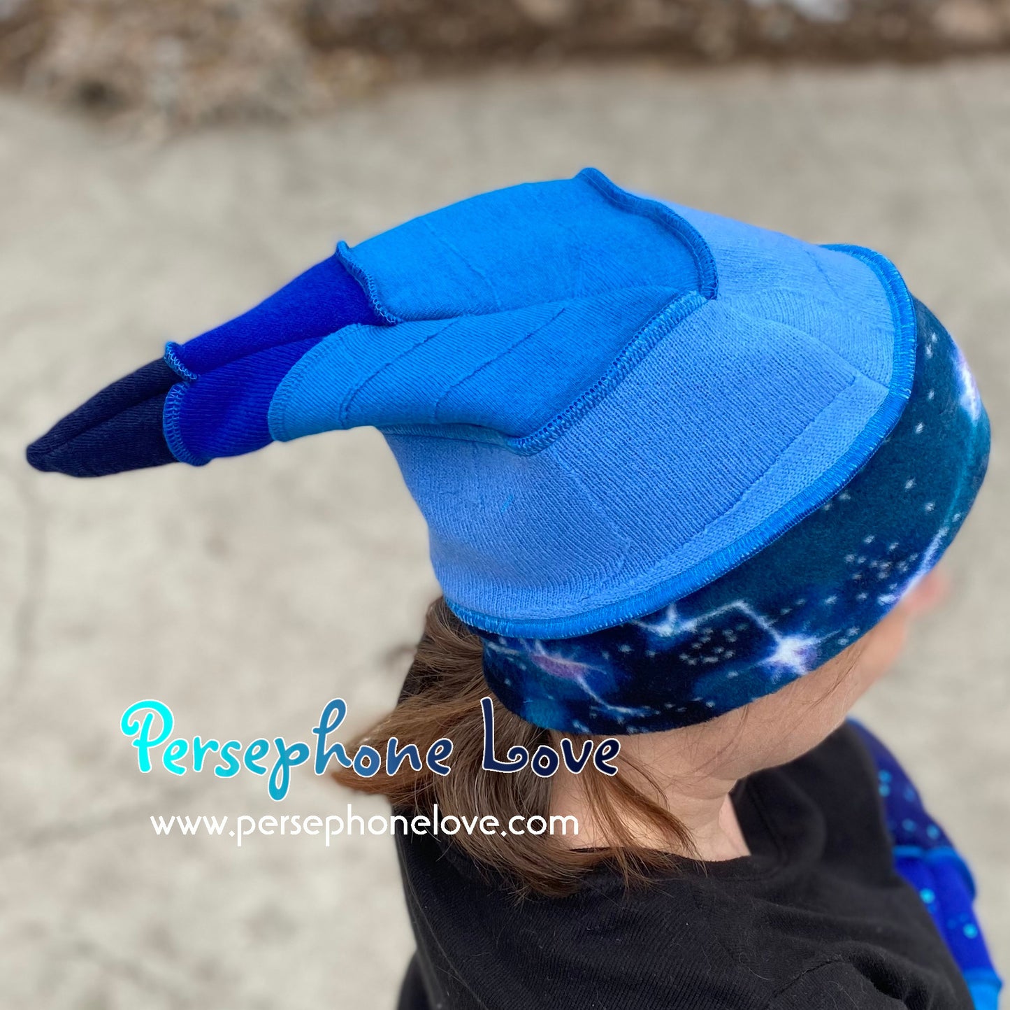 Katwise-inspired blue felted galaxy pixie recycled patchwork sweater elf hat-1384