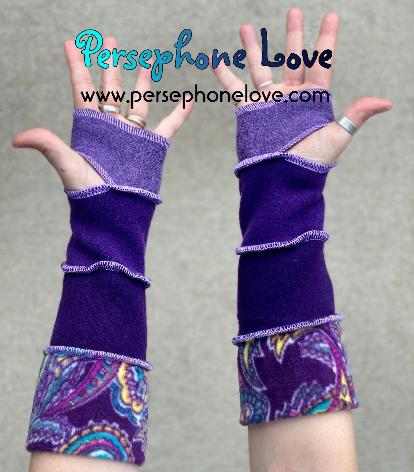 Katwise inspired needle-felted purple Paisley 100% cashmere upcycled sweater arm warmers -1404