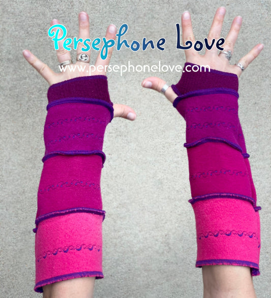 Katwise inspired needle-felted pink 100% cashmere embroidered upcycled sweater arm warmers -1407