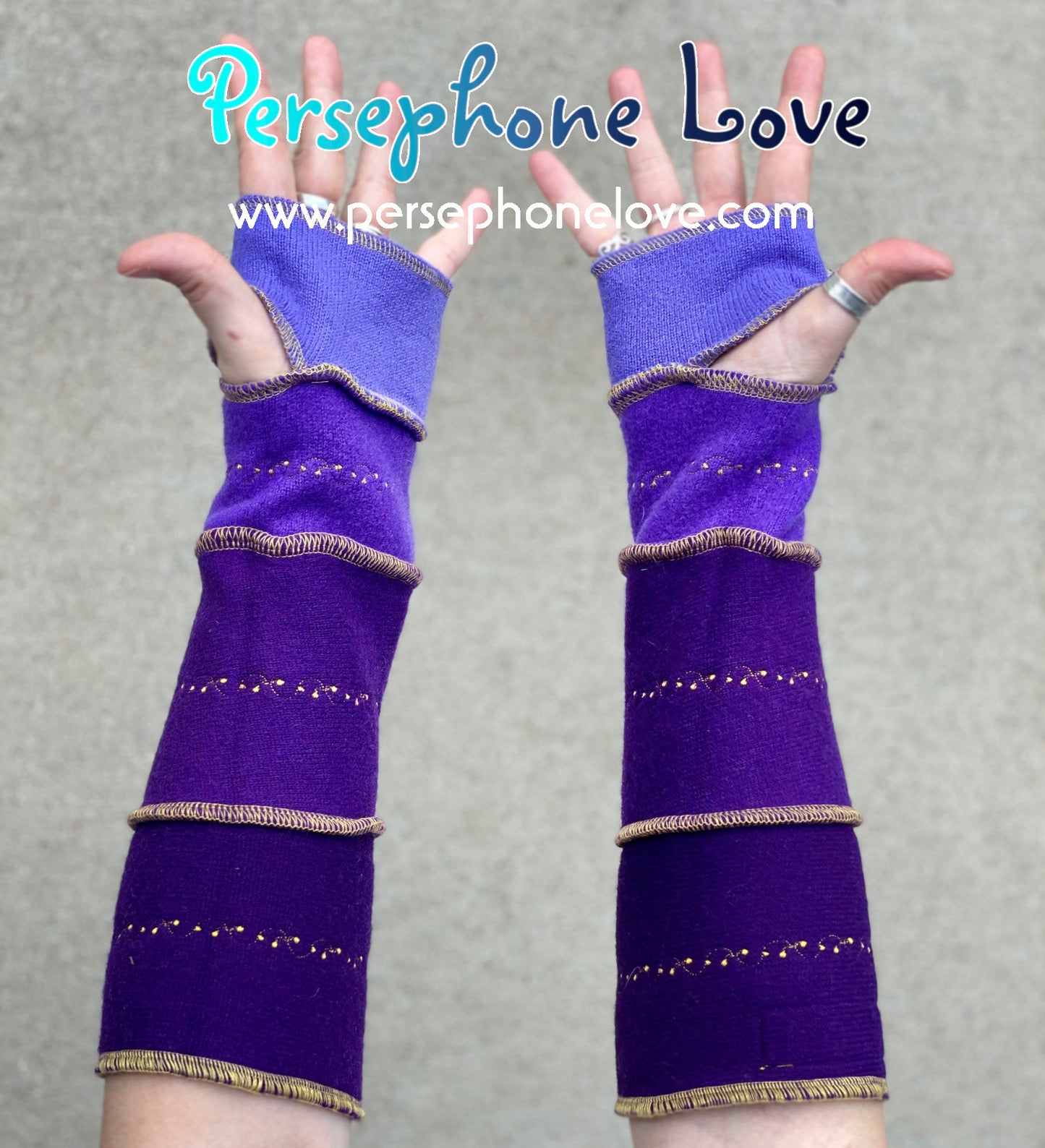 Katwise inspired needle-felted purple 100% cashmere embroidered upcycled sweater arm warmers-1408