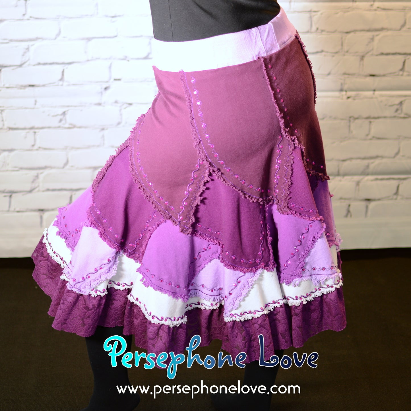 Magenta ombre patchwork denim upcycled twirly spiral festival skirt embroidery sequins-2001