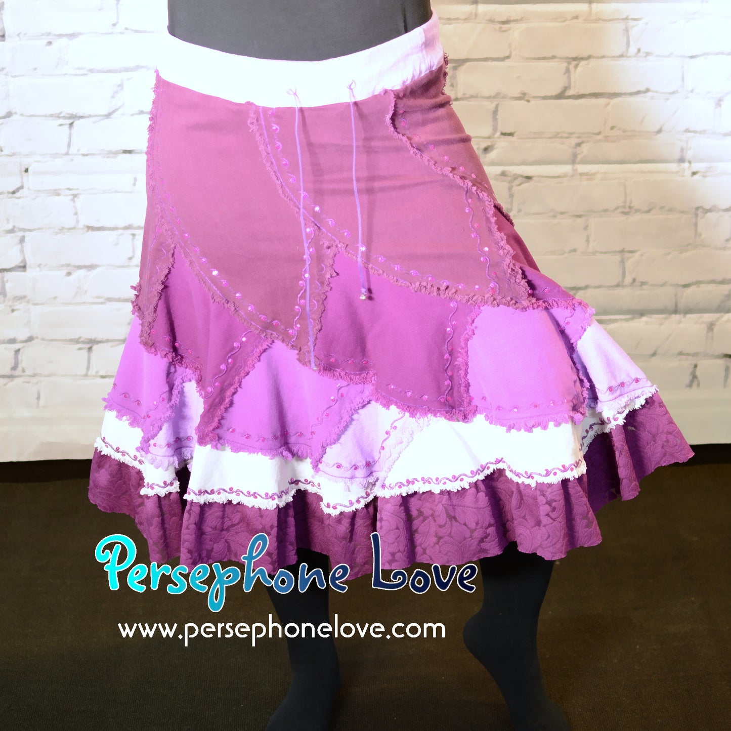 Magenta ombre patchwork denim upcycled twirly spiral festival skirt embroidery sequins-2001