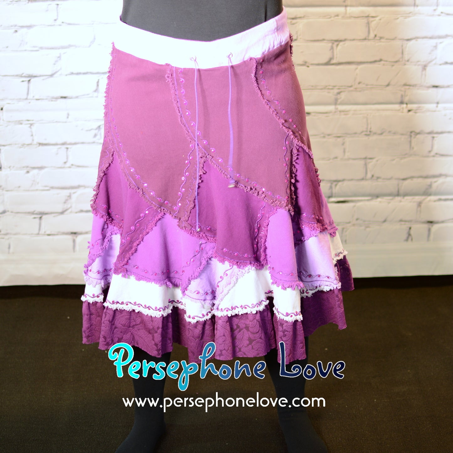 Magenta ombre patchwork denim upcycled twirly spiral festival skirt embroidery sequins-2001