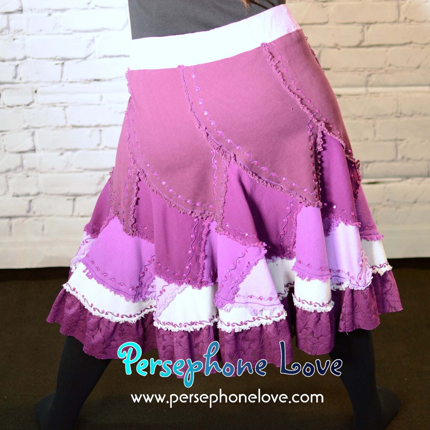 Magenta ombre patchwork denim upcycled twirly spiral festival skirt embroidery sequins-2001