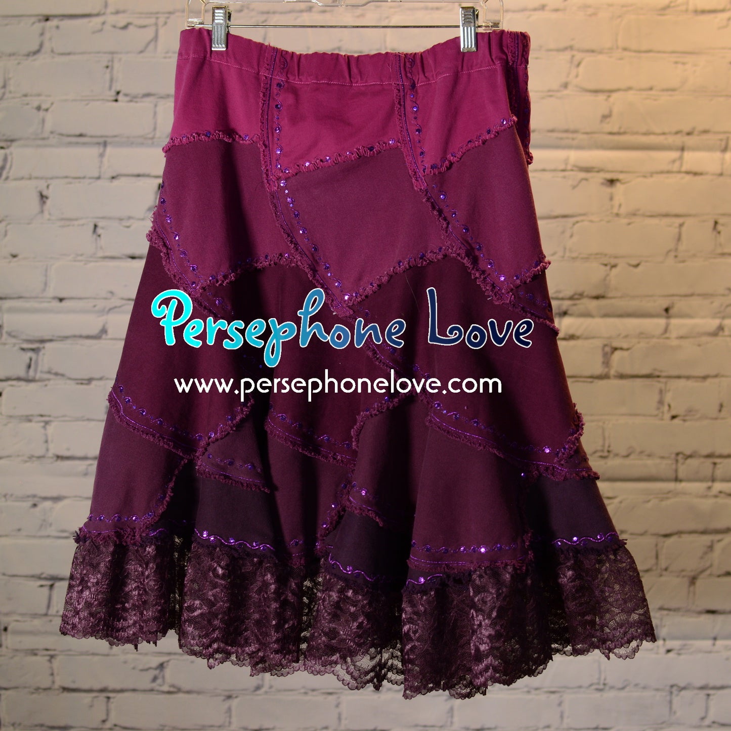 Pink Magenta ombre patchwork denim upcycled twirly spiral skirt with embroidery-2003