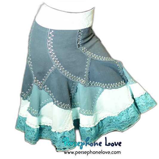 Turquoise ombre patchwork denim upcycled twirly spiral festival skirt embroidery sequins-2004