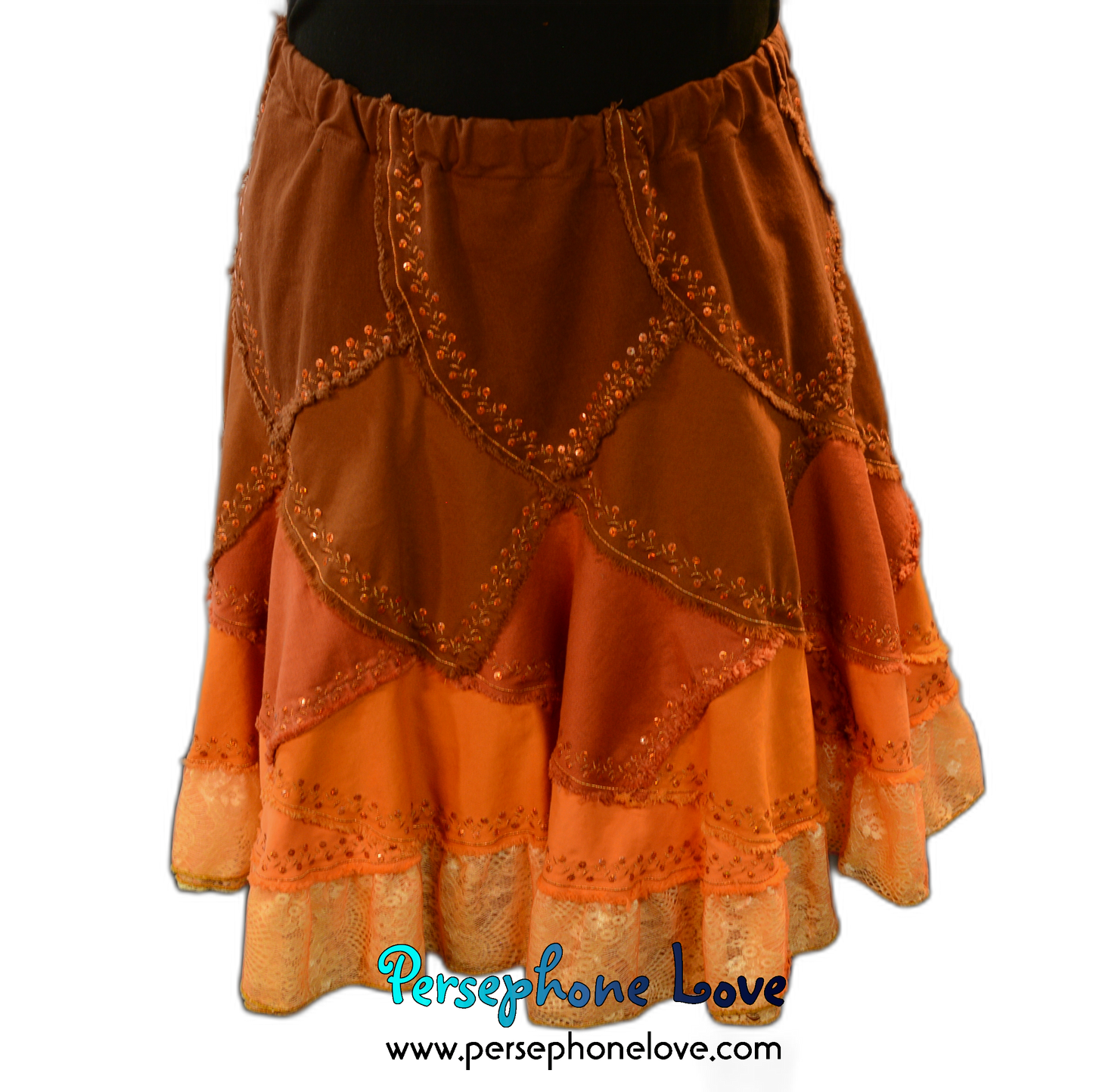 Brown orange ombre patchwork denim upcycled twirly spiral festival skirt embroidery sequins-2006