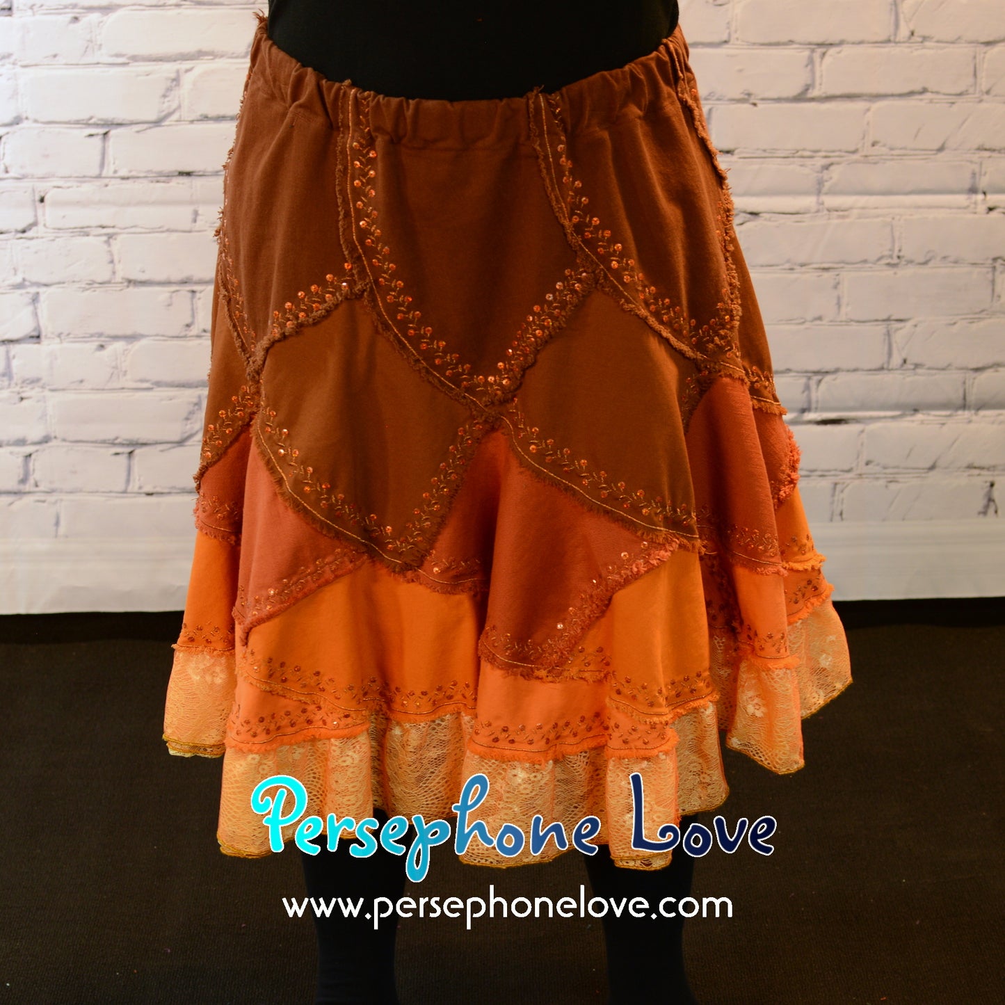 Brown orange ombre patchwork denim upcycled twirly spiral festival skirt embroidery sequins-2006