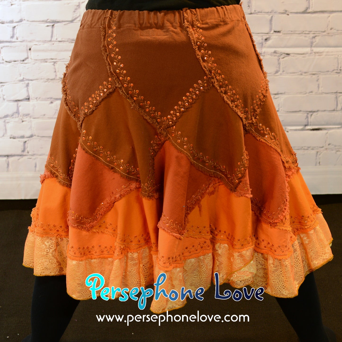Brown orange ombre patchwork denim upcycled twirly spiral festival skirt embroidery sequins-2006
