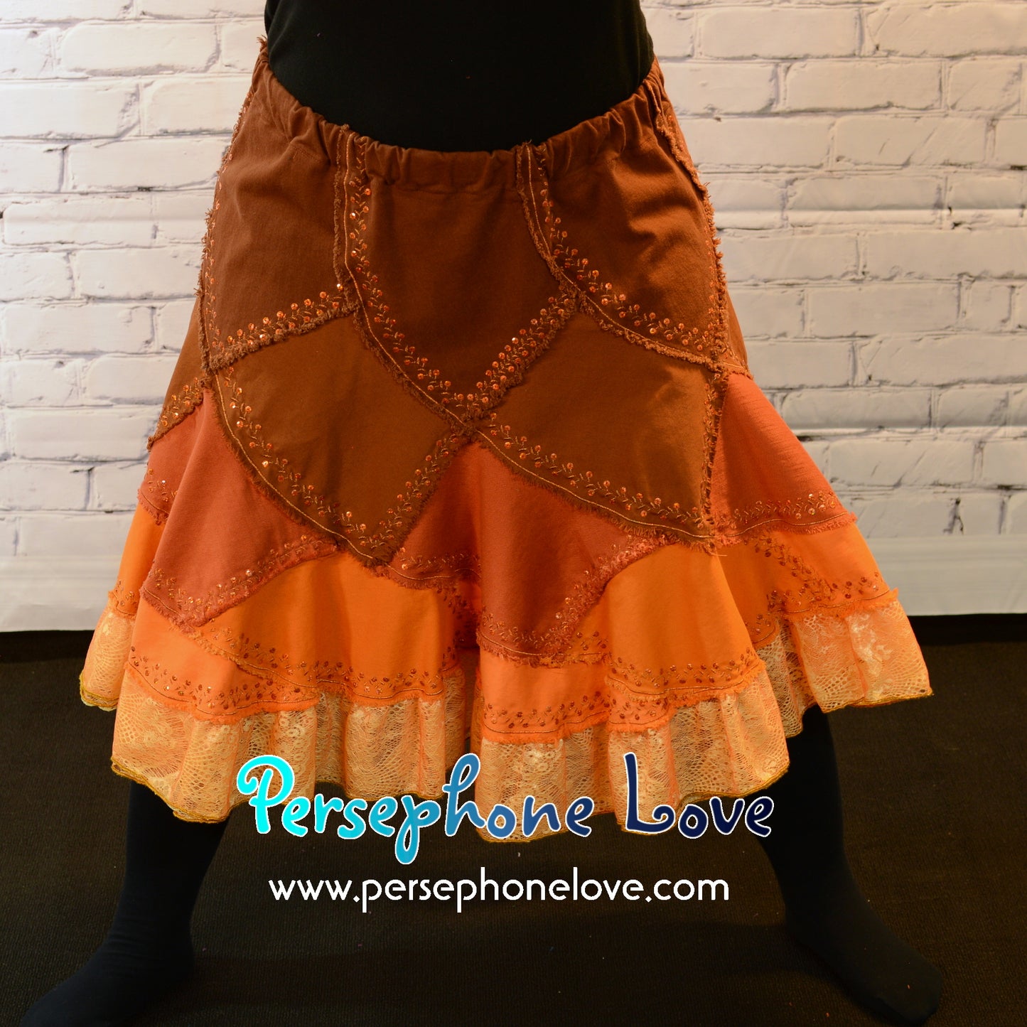 Brown orange ombre patchwork denim upcycled twirly spiral festival skirt embroidery sequins-2006