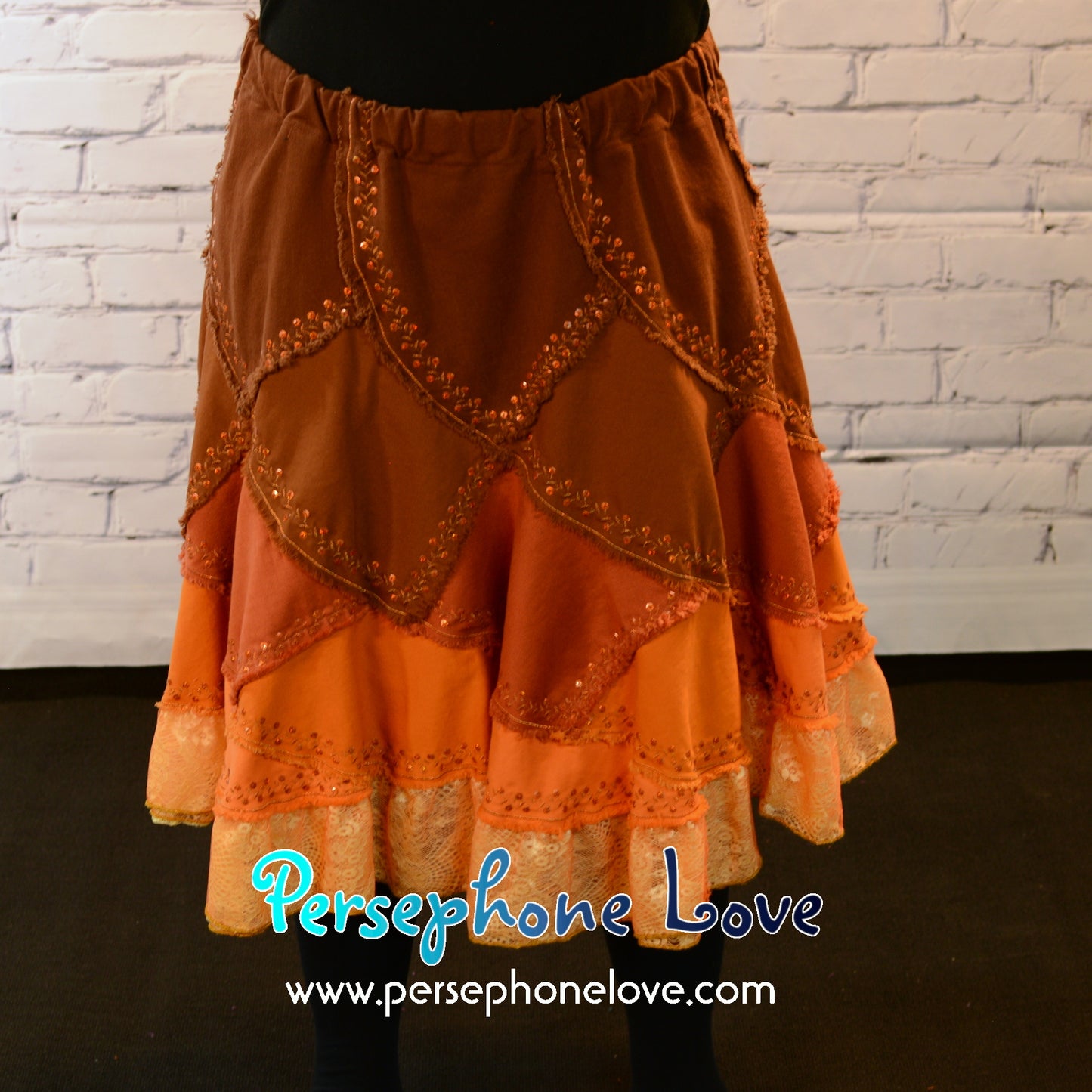 Brown orange ombre patchwork denim upcycled twirly spiral festival skirt embroidery sequins-2006