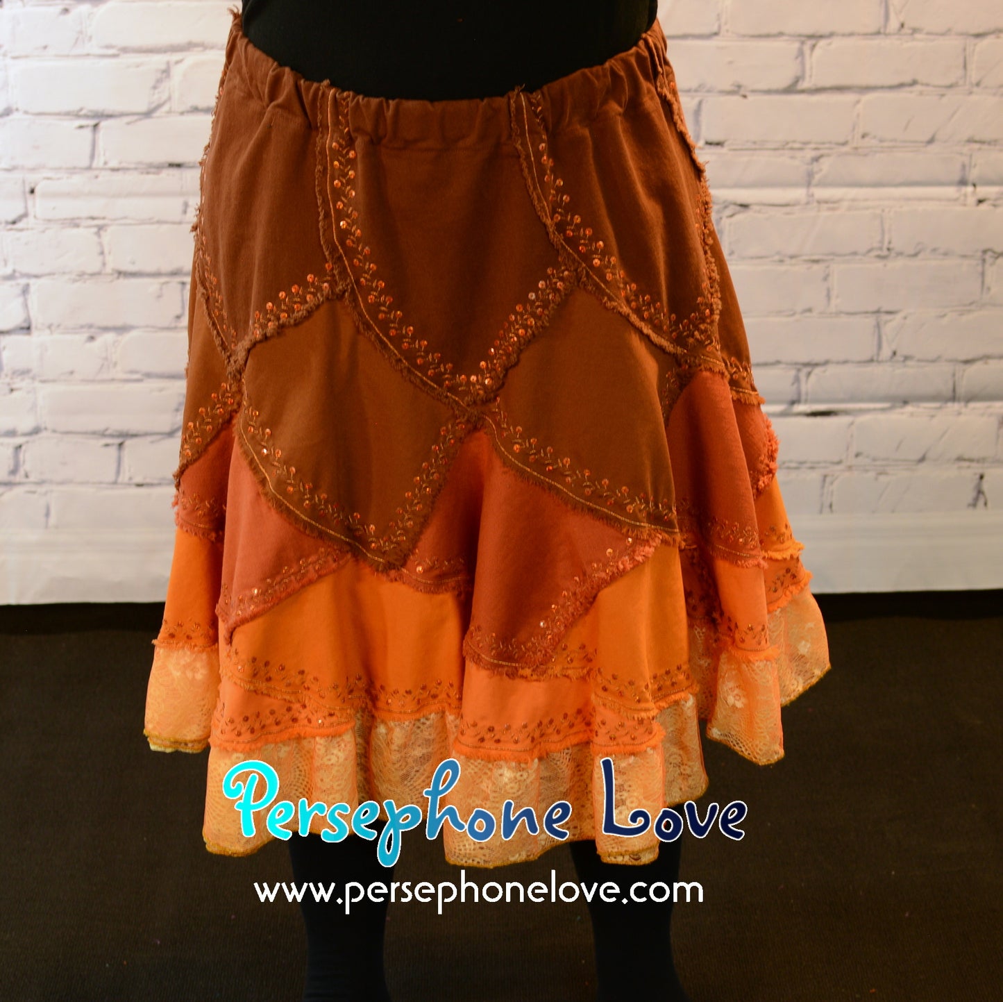 Brown orange ombre patchwork denim upcycled twirly spiral festival skirt embroidery sequins-2006