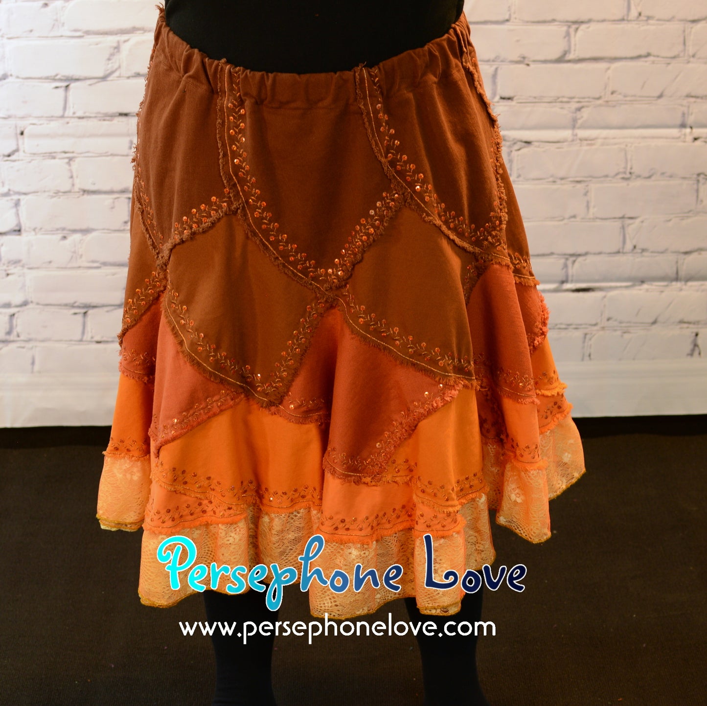Brown orange ombre patchwork denim upcycled twirly spiral festival skirt embroidery sequins-2006