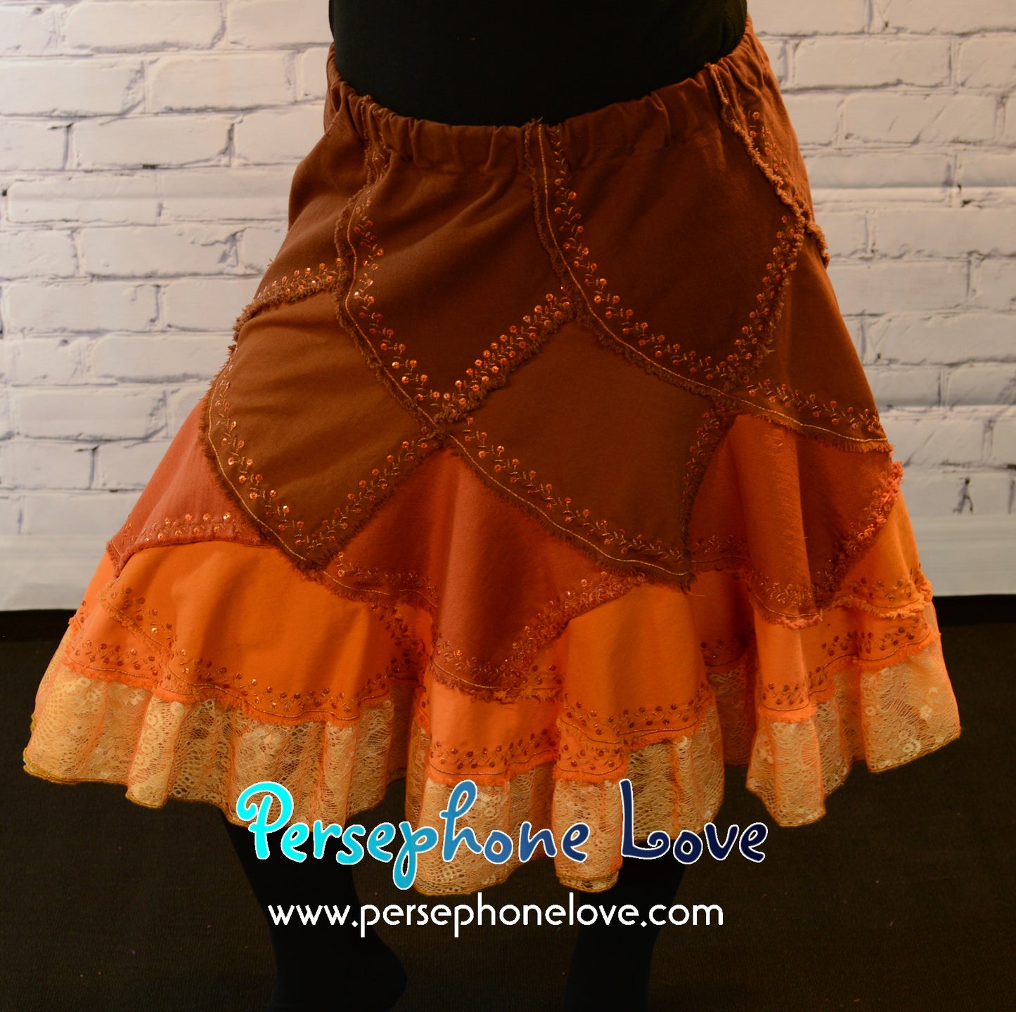 Brown orange ombre patchwork denim upcycled twirly spiral festival skirt embroidery sequins-2006