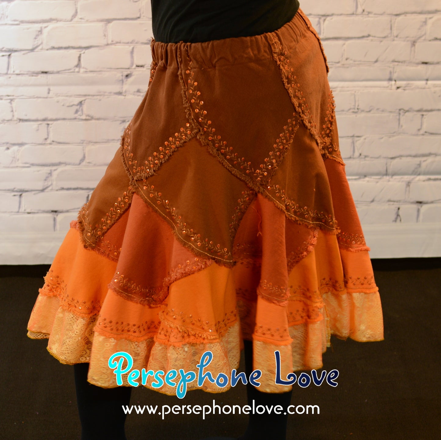 Brown orange ombre patchwork denim upcycled twirly spiral festival skirt embroidery sequins-2006