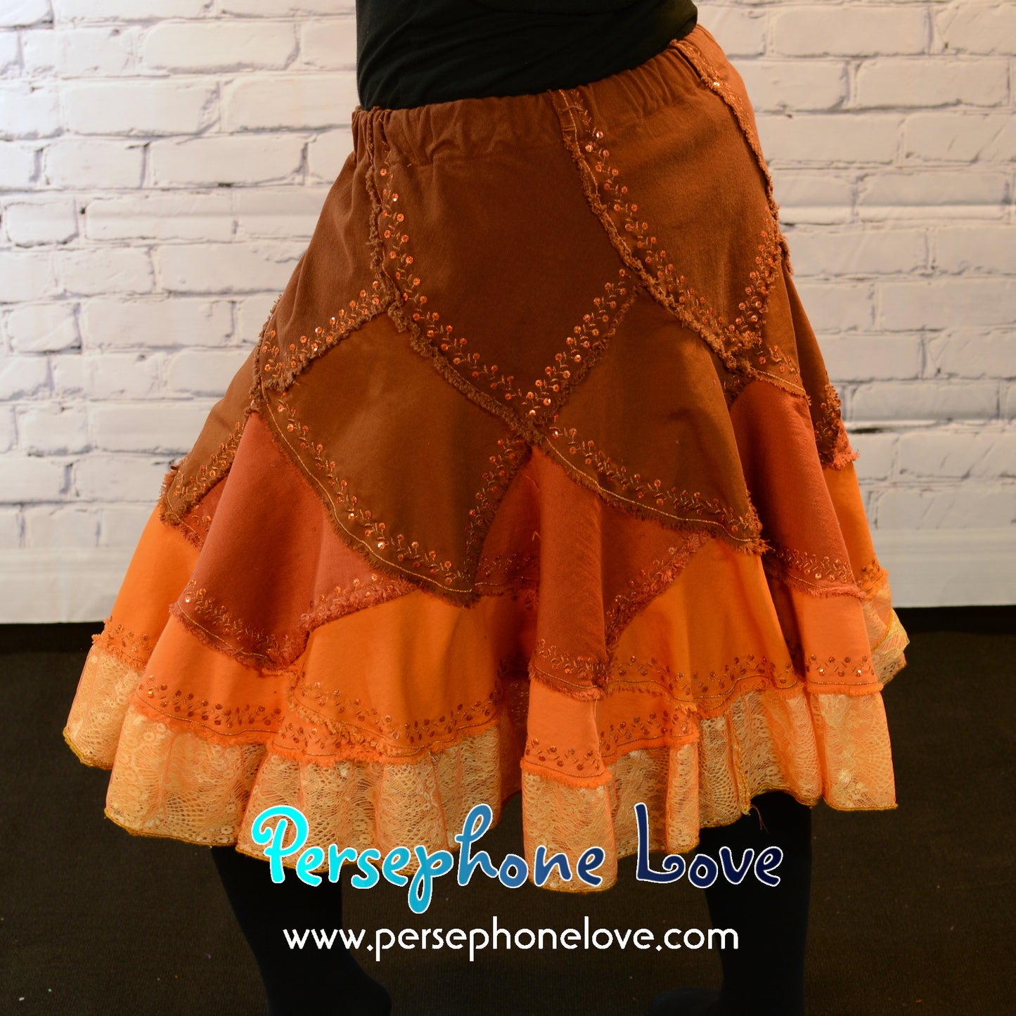 Brown orange ombre patchwork denim upcycled twirly spiral festival skirt embroidery sequins-2006
