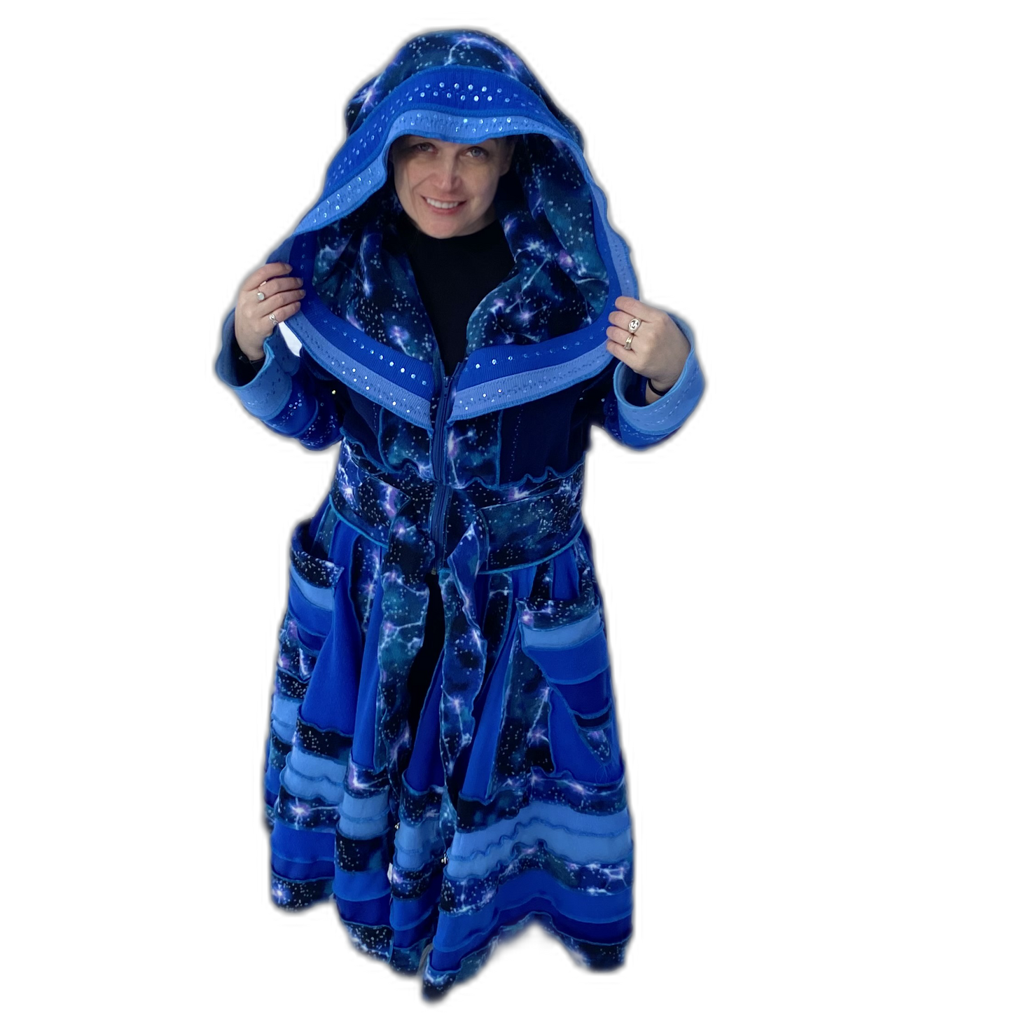 "Pollux" Blue needle-felted wool/cashmere patchwork Katwise-inspired sweatercoat-2522