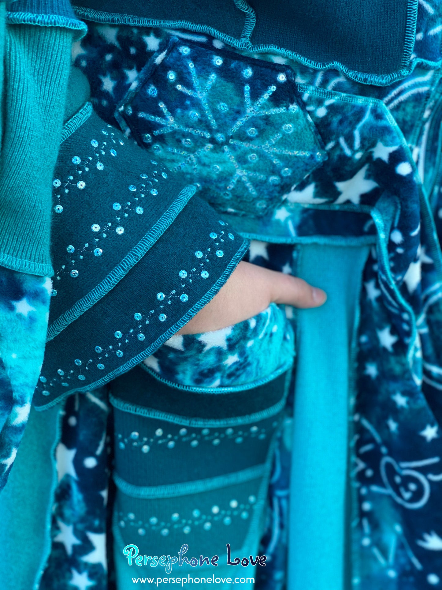 "New Sky" GODDESS SIZE Teal embroidered/felted cashmere Katwise-inspired patchwork sweatercoat-2523