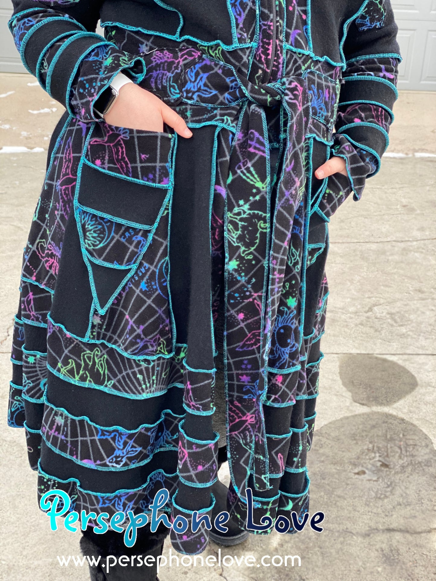 GODDESS SIZE Black Zodiac felted cashmere patchwork sweatercoat-2524