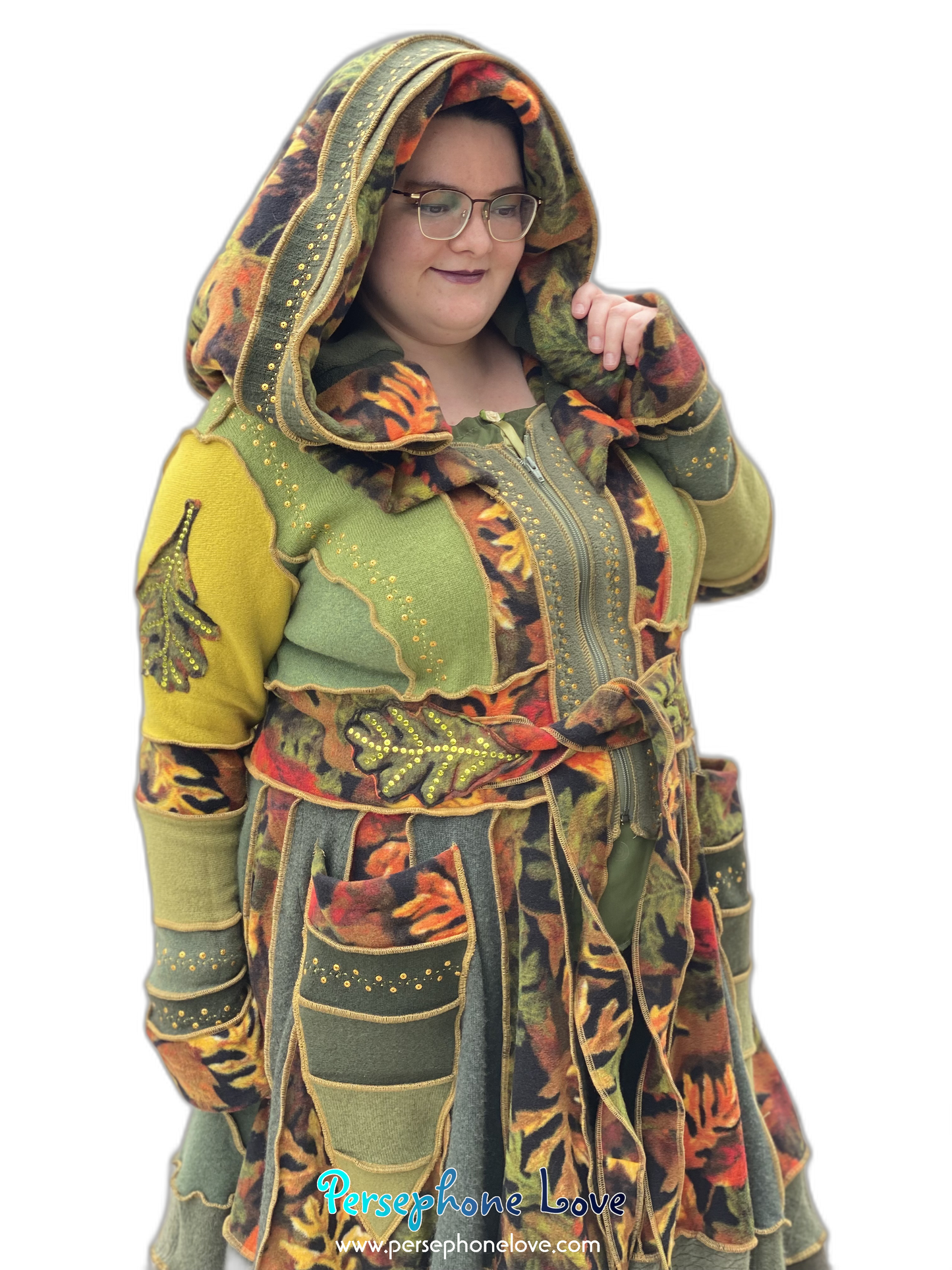 "Fae Propaganda" GODDESS SIZE green embroidered/felted/sequins cashmere patchwork Katwise-inspired sweatercoat-2545
