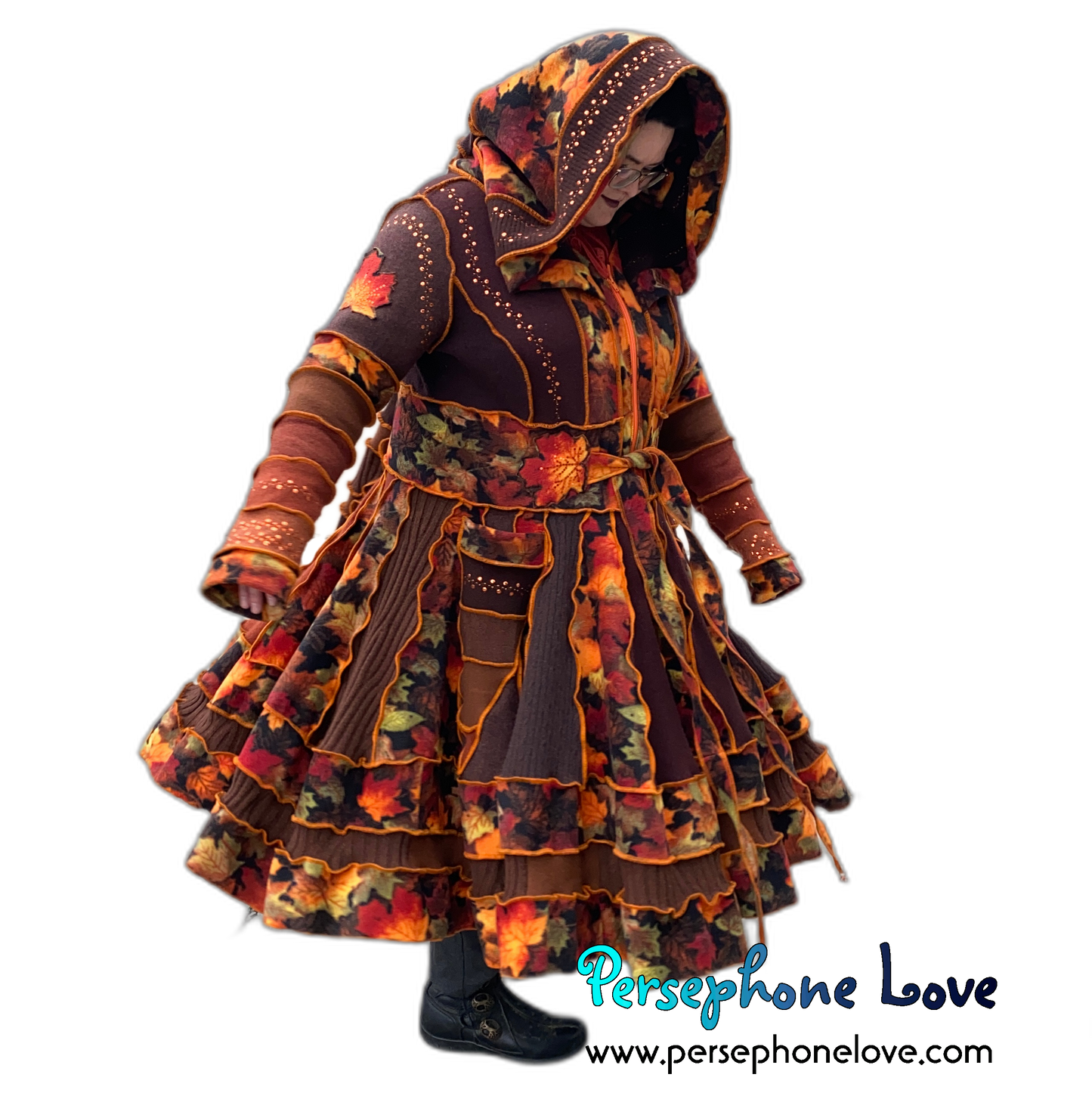 "Embers" GODDESS SIZE Katwise-inspired orange embroidered/felted/sequins cashmere patchwork sweatercoat-2546